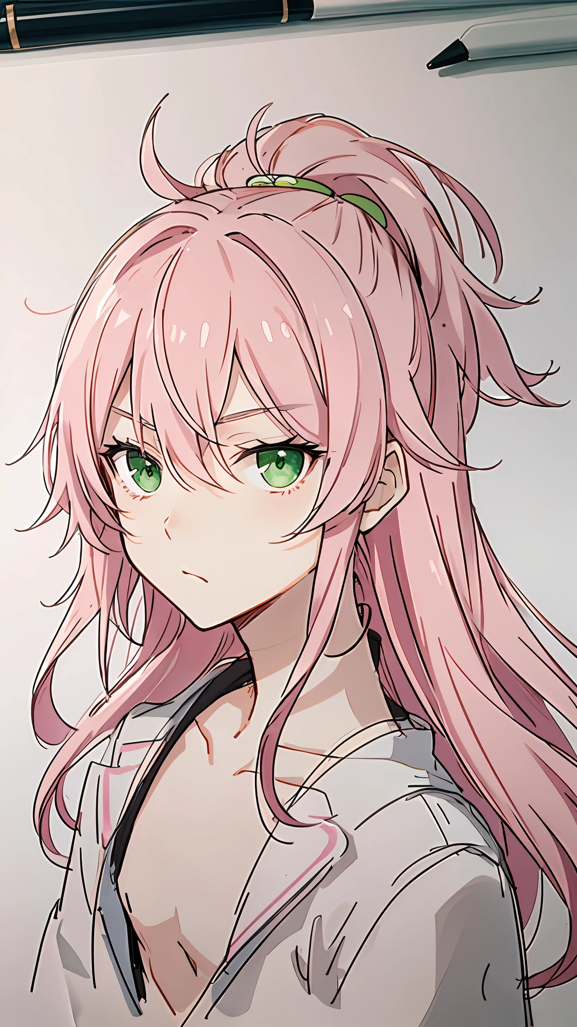 Draw a long-haired male, cherry pink hair, Seinen manga, delicate androgynous prince, anime sketch, line sketch!, beautiful hermaphroditic prince, loose pencil sketch, clean anime silhouette, anime portrait of handsome man, strong black line art, line sketch, anime shadow), thin line art, flat anime style shadow, green eyes, exquisite drawing style