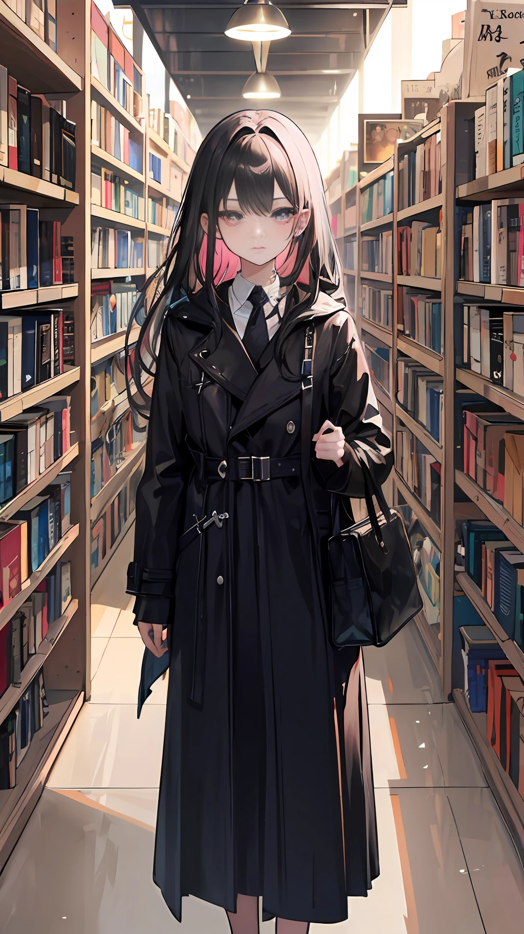 (masterpiece, sidelighting, ultra-detailed, fine detailed beautiful eyes: 1.2), 1 black long-haired girl, black hair showing her forehead, bright pink eyes, wearing a black trench coat and white shirt, pink lining exposed, in a small bookstore, next to a row of antique bookshelves, looking seriously at the bookshelf, busts, stark shadows, Bright highlights, medieval style
