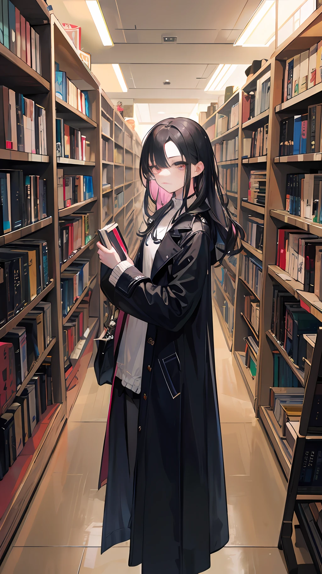 (masterpiece, sidelighting, ultra-detailed, fine detailed beautiful eyes: 1.2), 1 black long-haired girl, black hair showing her forehead, bright pink eyes, wearing a black trench coat and white shirt, pink lining exposed, in a small bookstore, next to a row of antique bookshelves, looking seriously at the bookshelf, busts, stark shadows, Bright highlights, medieval style