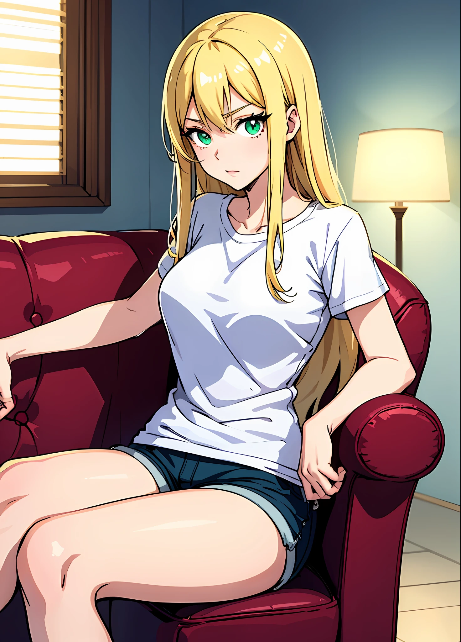 Young woman 22 years: 1.3, Blonde hair fulfilled: 1.2, Tall: 1.2, Occupation: 1.2, Daytime: 1.2, On the street: 1.2, Movie lighting, Best quality, 8k A cartoon girl with long blonde hair, (green eyes, beautiful eyes, eye highlights, sharp eyes) blonde anime girl with long hair, female anime character, anime character, (anime girl), sitting on the couch with a transparent white t-shirt, short shorts, she has blonde hair, anime style (best quality) Korean girl, seductive look, sexy, ((mysterious look))
