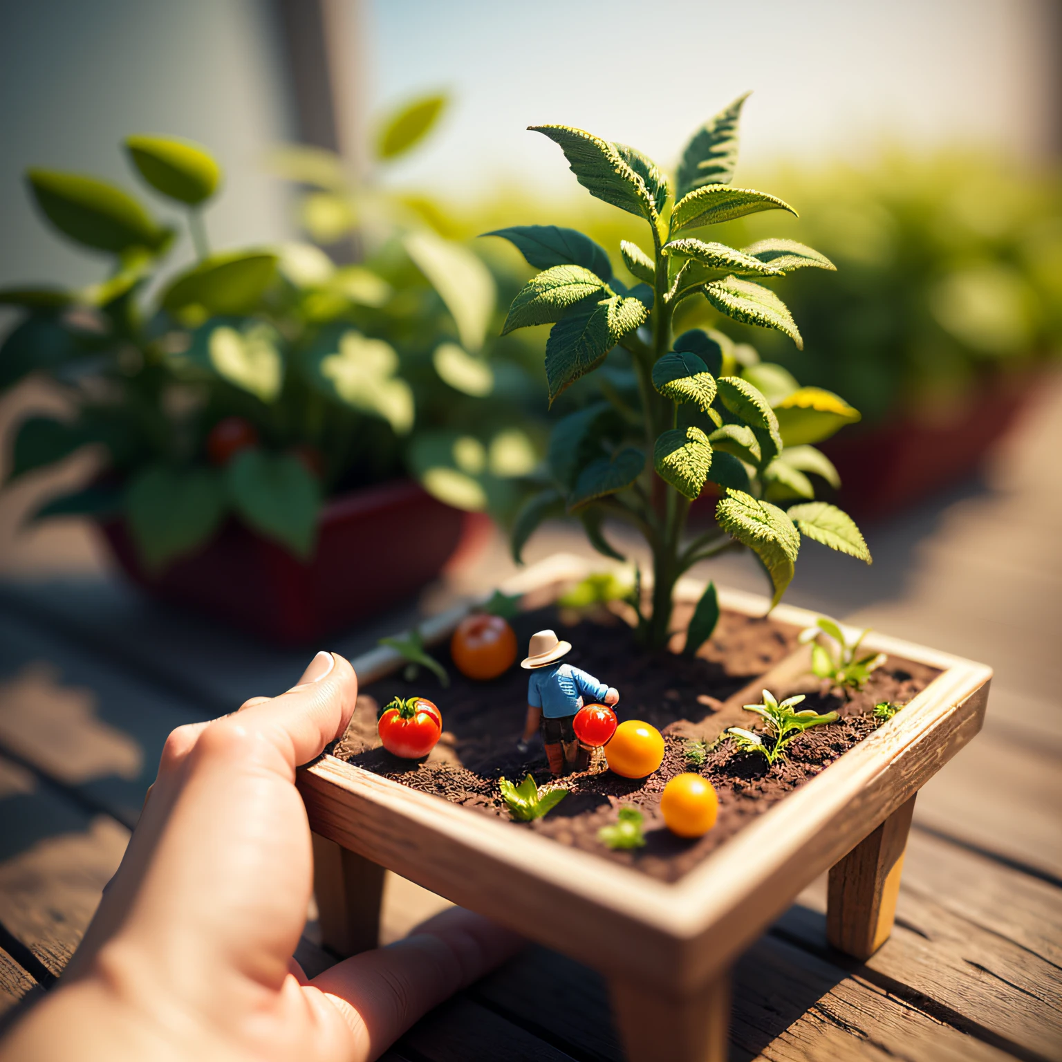macro photography, some tiny little toy figure are Picking tomatoes, natural light, miniature, blur background, clear details, tilt-shift, isometric, 3d --auto