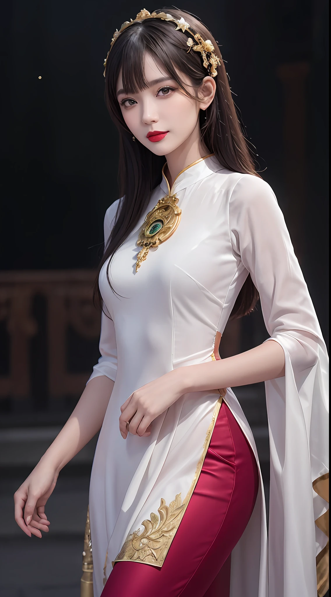 1 27-year-old girl, 1 zodiac goddess from the future, 12 zodiac goddess pink purple, 12 zodiac goddess wearing a long dress and tight red and white silk pants and pants ao dai 12 zodiac with many details in black lace, long dress in thin fabric, mythological goddess of the 12 zodiacs from the future, zodiac ♏, luxury sparkling zodiac style, the dark and mysterious version, the scarf pile of the zodiac that fits the head of the zodiac goddess, the red lipstick, the thin and beautiful lips, the smile that captivates the viewer, the character created by karol bak and pino daeni, chi intricate details, detailed background, extremely detailed, light magic, a woman wearing long silk clothes, clear face, long hair with flat bangs, beautiful face in every detail detailed and well-proportioned eyes, (transparent golden eyes: 1.8), big round eyes and very beautiful and detailed makeup, foresight, long silk clothes, mysterious makeup, side bangs and dyed blonde pale, upper half portrait, zodiac goddess portrait, arms hanging loose, Realistic and vivid photo, (stars that make up the zodiac: 1.7), (fictional zodiac sky background: 1.8), fiction art, RAW photos, hanfu photos, best photos, best quality photos, 8k quality, 8k ulta, super realistic, truest photos,