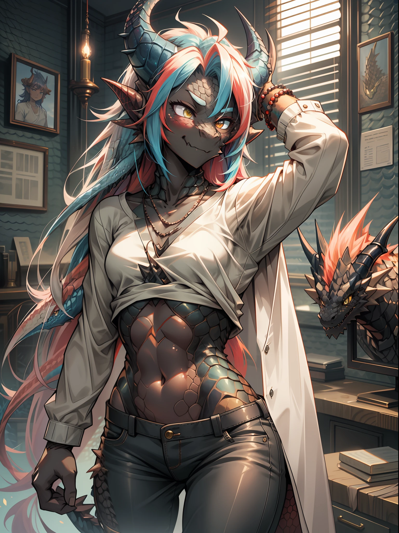 (dragan), woman, antrum, 1girl, Alone, delicate body, slender body, far, small body, bracelets, multicolored hair, long hair, horns, dragon horns, anime style, high quality, best quality, flaking skin, in a realistic style room, scales, dark scales, leg with scales on the thigh, arms with scales, face with scales, dark skin, scaly skin, textured scales, closed clothes,  closed pants, white t-shirt, long sleeve blouse, black blouse,