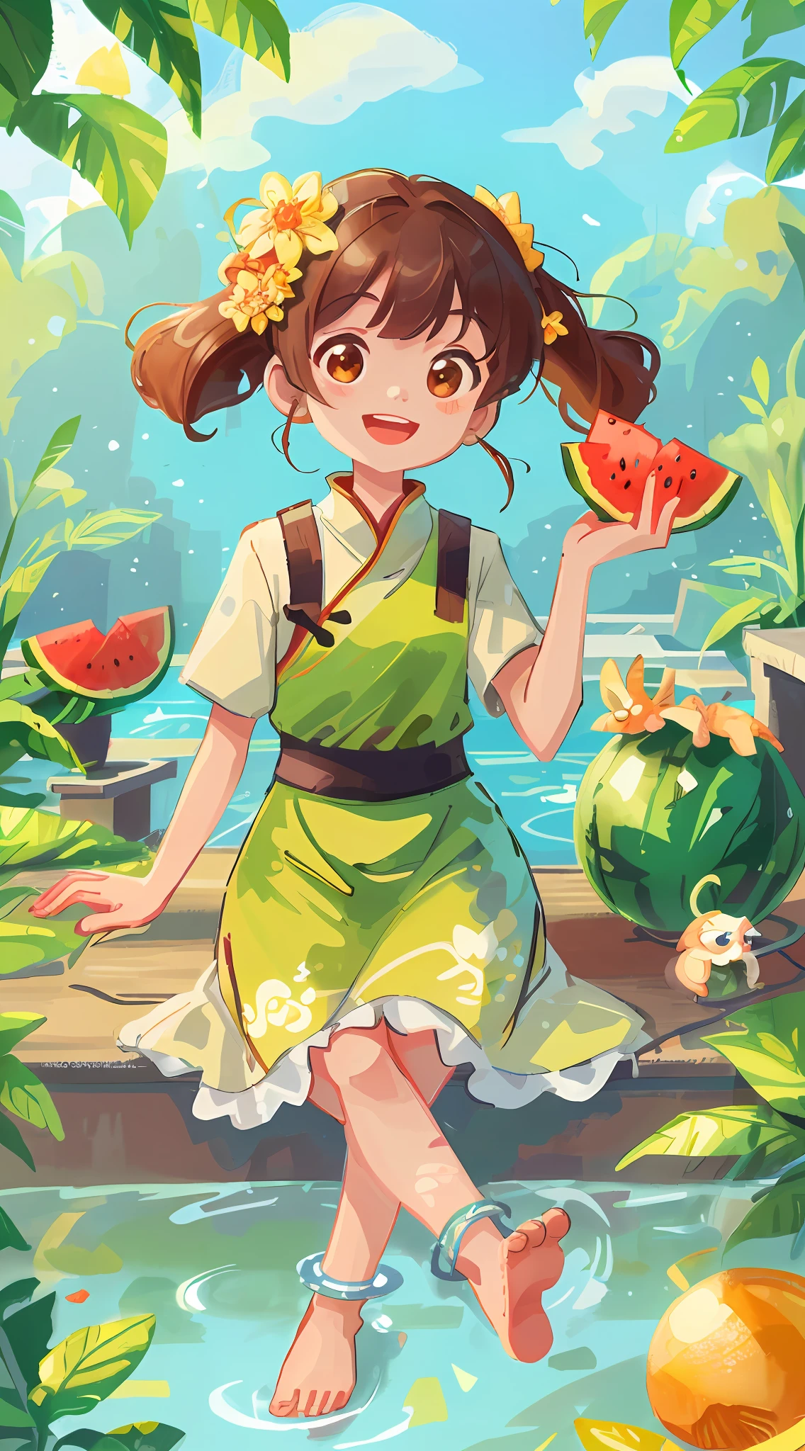 High detail, super detail, super high resolution The highest quality, fine picture, rich details, small summer solar term poster, a large cut watermelon floating on the surface of a swimming pool, a cute Chinese girl sitting barefoot on it, happy smile, bright colors, cartoon style --v6