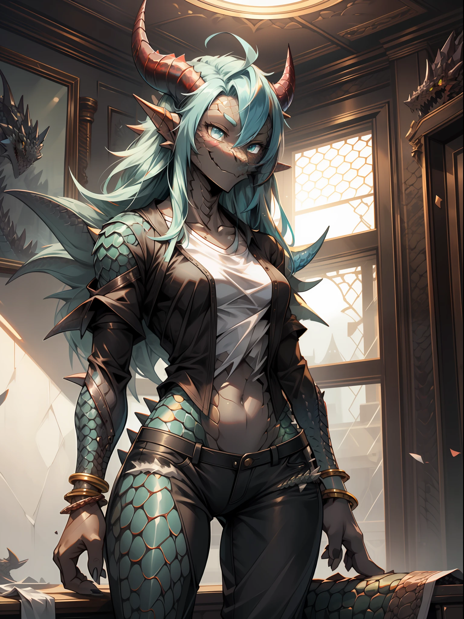 (dragan), woman, antrum, 1girl, Alone, delicate body, slender body, far, small body, bracelets, multicolored hair, long hair, horns, dragon horns, anime style, high quality, best quality, flaking skin, in a realistic style room, scales, dark scales, leg with scales on the thigh, arms with scales, face with scales, dark skin, scaly skin, textured scales, closed clothes,  closed pants, white t-shirt, long sleeve blouse, black blouse,