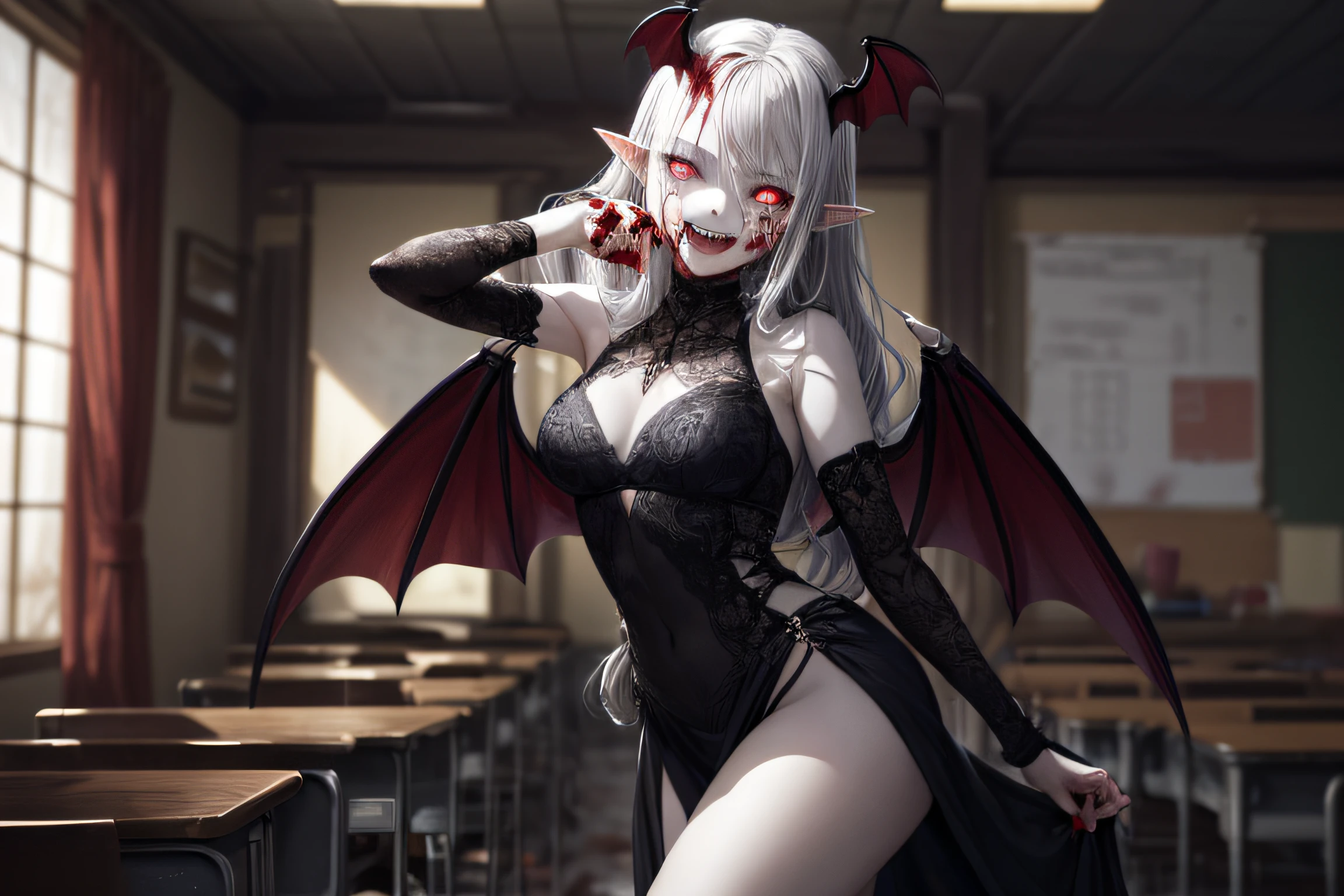 (Masterpiece: 1.2, best quality), (best lighting, very delicate and beautiful), (best lighting, very delicate and beautiful), (beautiful detailed face), (detailed eyes and detailed face: 1.2), dark fantasy, vampire, (young girl, little beast, 1girl, solo, crazy smile, pale skin, gray hair, red glowing eyes, blood tears, blood dripping from fangs, dynamic angles, dynamic pose, vampire,vampire fangs), (middle school classroom in the background), pointy_ears, fangs, bat wings, demon horns, ((((blood on the face))), (depth of field), (blood splash: 1.4), cowboy shot, full body,