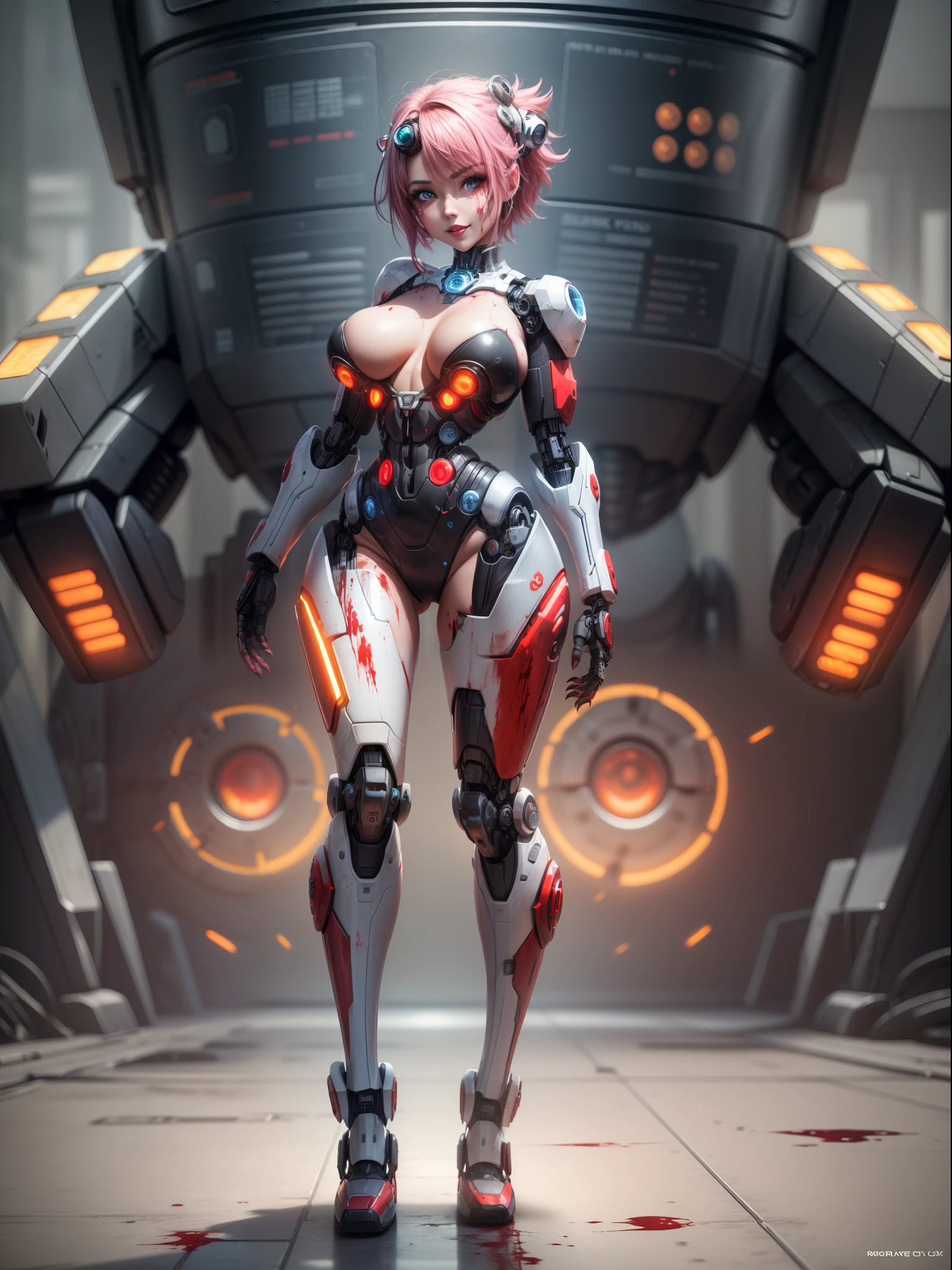 ((Full body):1.5), Only one ((woman+cyborg):1.2), with black mecha clothing with white parts, extremely tight on the body, ((extremely large and hard breasts):1.2), she has ( short mohawk pink hair and blue eyes):1.2), ((blood all over body)1.2), doing erotic pose, looking at viewer, little smile, she is in a futuristic headquarters with ((5 robots+red+dinosaurs with parts in black)1;2) behind her looking at her.