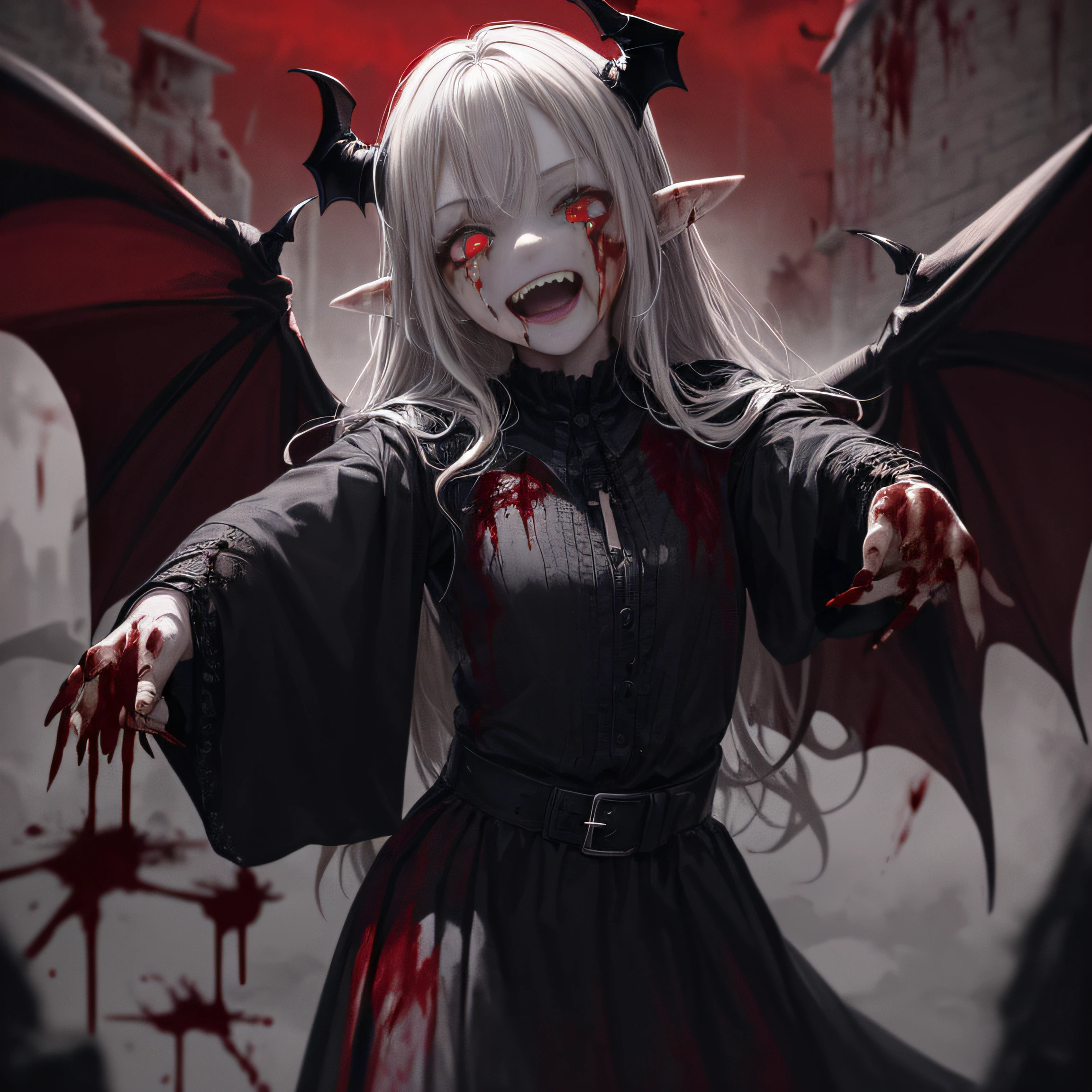 (Masterpiece: 1.2, best quality), (best lighting, very delicate and beautiful), (best lighting, very delicate and beautiful), (beautiful detailed face), (detailed eyes and detailed face: 1.2), dark fantasy, vampire, (young girl, little beast, 1girl, solo, crazy smile, pale skin, gray hair, red glowing eyes, blood tears, blood dripping from fangs, dynamic angles, Dynamic Pose, Vampire,Vampire Fangs), (Get a vampire castle in the background), ( Red Sky), pointy_ears, Fangs, Bat Wings, Demon Horns, (((((Blood on the face))), Blood Rain, Blood Mist, (Depth of Field), High Contrast, (Blood Splash: 1.4), Cowboy Shot, Full Body,