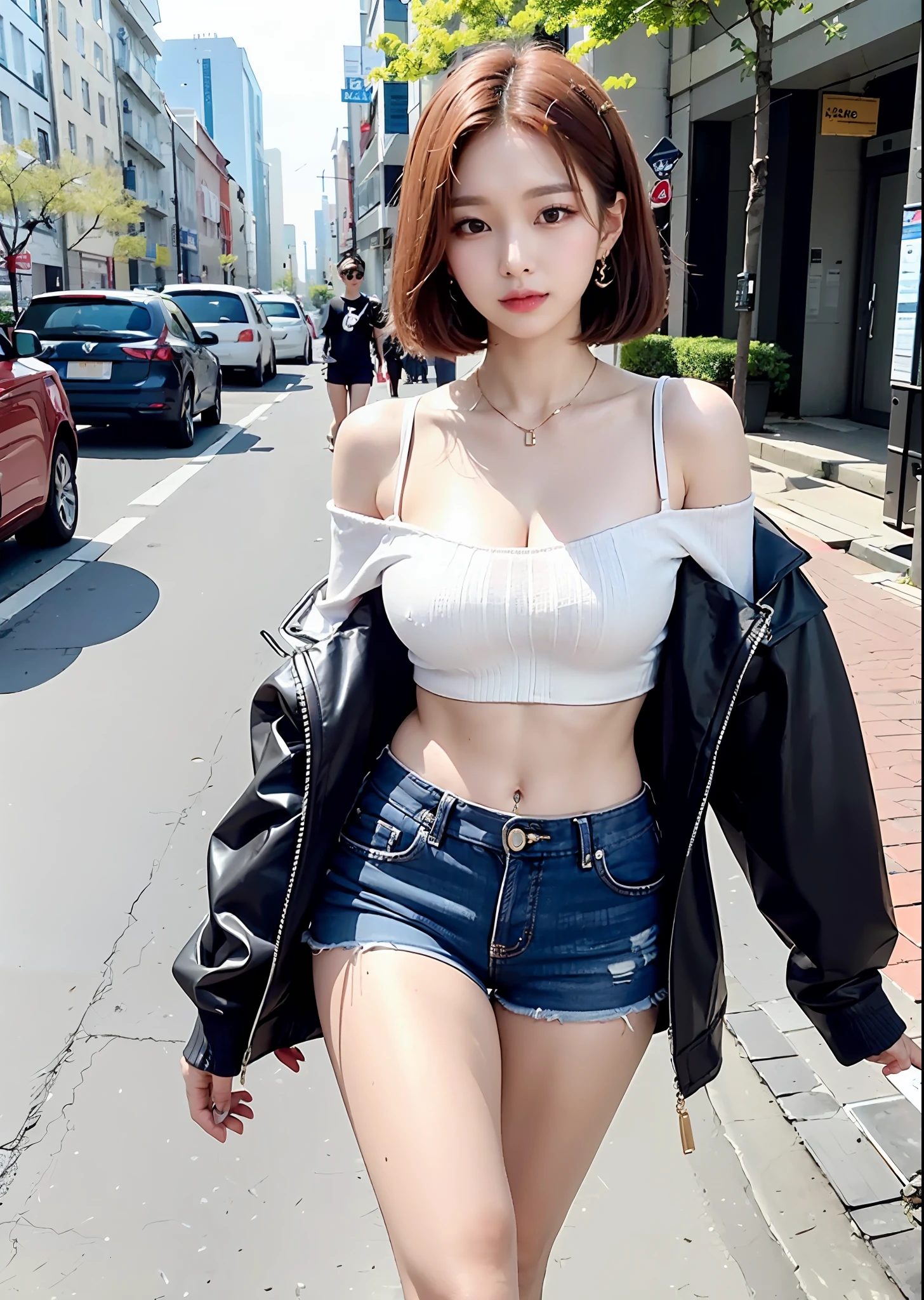 (best quality, masterpiece:1.4), realistic, detailed skin, pov, looking at viewer, (street, city:1.2), 1 girl, (korean mixed, kpop idol:1.2), pale skin, (slender body, skinny thighs:1.25), thigh gap, large breasts, (cleavage:1.2), (white offshoulder crop knit, very short shorts), navel