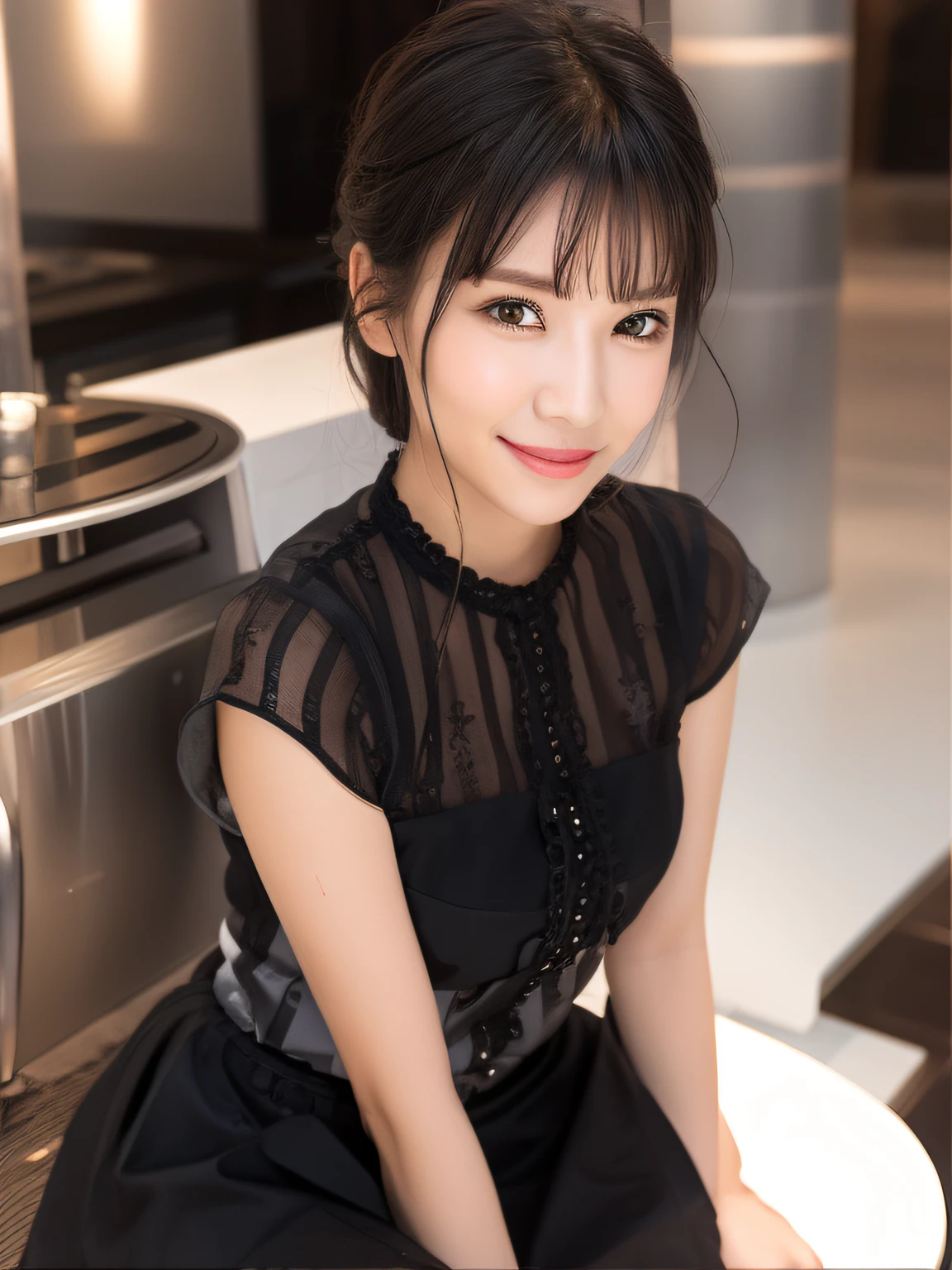 Smile, white blouse, gray skirt, black hair, café