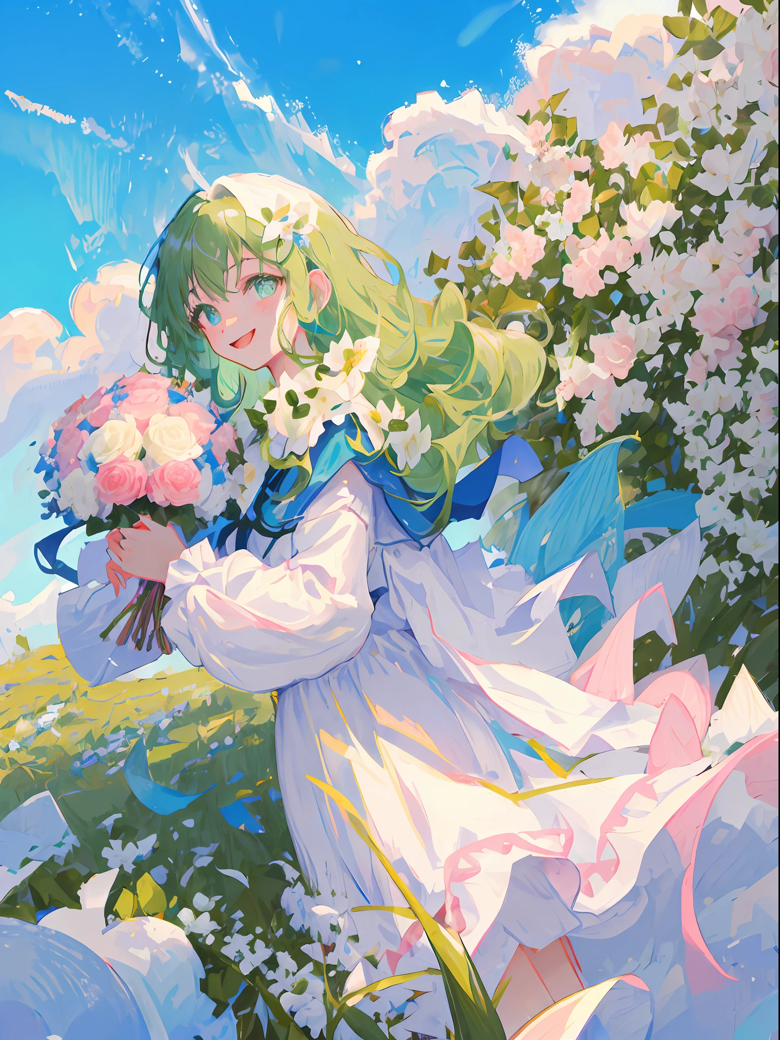 Girl, frontal, pastel color, bright green hair, long wavy hair, bright green eyes, beautiful eyes, smile, beautiful white dress, white skin, holding a bouquet of white and pink flowers in both hands, blue sky, white clouds, clear weather,