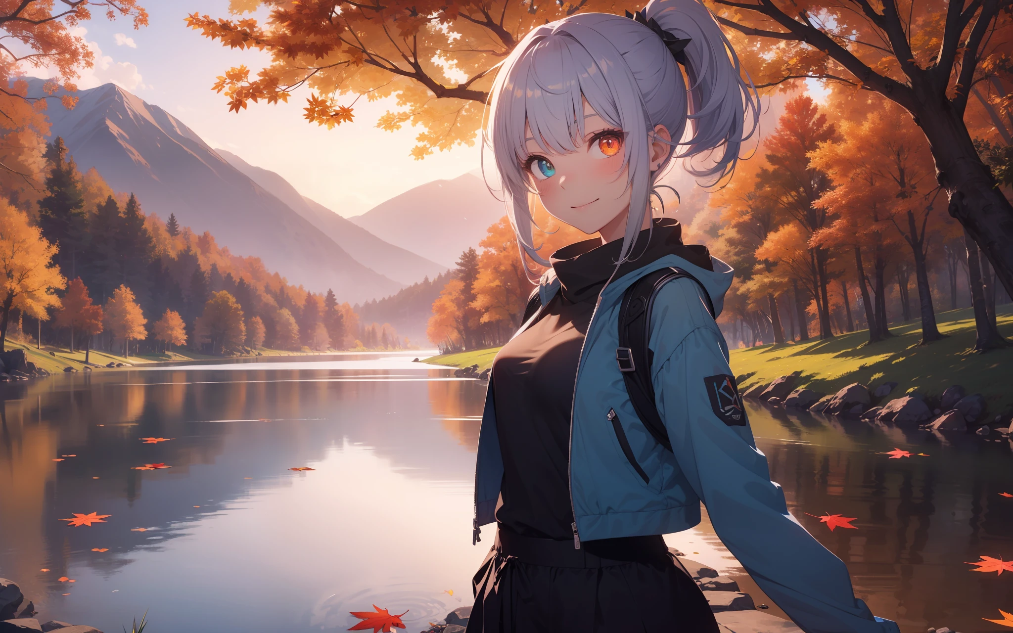 Top quality, photorealistic, super detailed, delicate, orderly, high detail, bluish-silver ponytail, (drooping heterochromic iris: 1.3), child, 10 years old, embarrassing, smile, slender, cowboy shot, blurred background, (1 girl: 1.1), game CG, dynamic angle, (bioluminous hair, glowing eyes: 1.2), Ambient occlusion, ambient light, ray-traced reflection, glow, glowing aura, glowing hair, autumn, autumn leaves, dancing autumn leaves, mountains, lake, autumn leaves reflected on the surface of the lake,