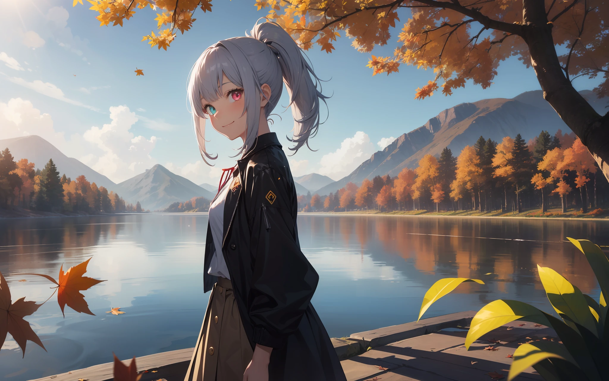 Top quality, photorealistic, super detailed, delicate, orderly, high detail, bluish-silver ponytail, (drooping heterochromic iris: 1.3), child, 10 years old, embarrassing, smile, slender, cowboy shot, blurred background, (1 girl: 1.1), game CG, dynamic angle, (bioluminous hair, glowing eyes: 1.2), Ambient occlusion, ambient light, ray-traced reflection, glow, glowing aura, glowing hair, autumn, autumn leaves, dancing autumn leaves, mountains, lake, autumn leaves reflected on the surface of the lake,