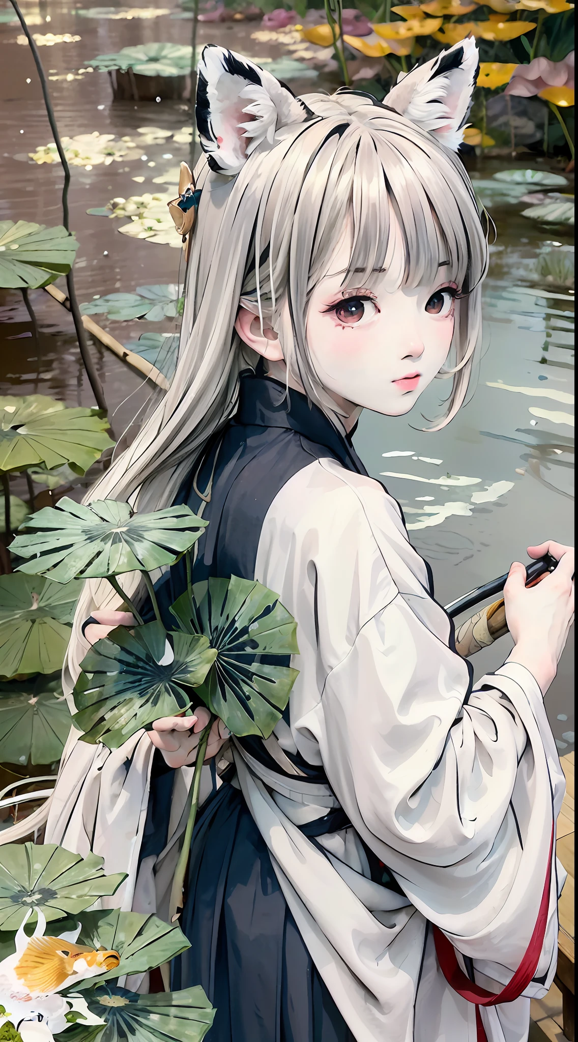 ((4k,masterpiece,best quality)), shuimobysim, Chinese painting, lotus, Hanfu, maxikit, conservatively dressed 1 boy, solo, white hair, fox ears, white, fish, there are many fish near the boy, look at the audience, tease oneeshota ,