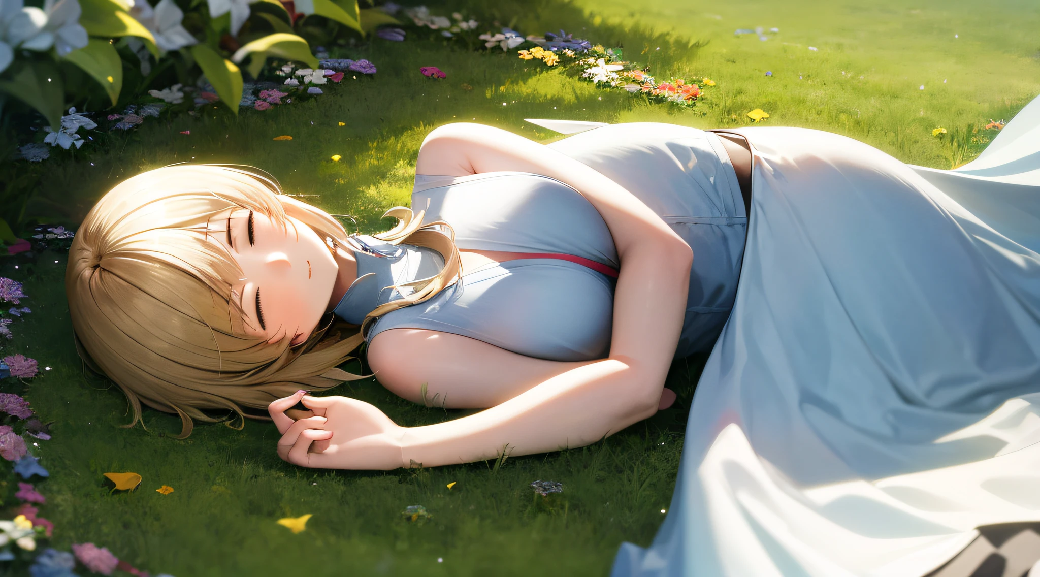 A woman, lying flat on the ground, quiet, sleeping