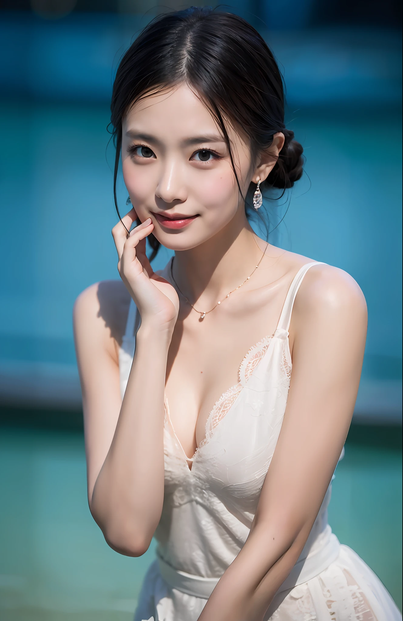 Turbulent posture, (very delicate and beautiful work), (masterpiece), 1girl, cute Japan girl in black evening dress, beautiful sea background, upper body to thighs, embarrassed, smile, lace, high definition, ridiculous, charming expression, chin raised, cheek blush, kissing face, beautiful clear eyes, green eyes, delicate necklace, delicate earrings, full body, various poses, simple background blurFine depiction, beautiful, attractive, ultra-fine painting, delicate face, delicate figure, thin collarbone, nice lips, beauty big, soft back, mix4, (8k, RAW photo, best quality), masterpiece: 1.2), (realistic, photorealistic: 1.37), one girl, cute, professional lighting, photon mapping, radiosity, physically based rendering