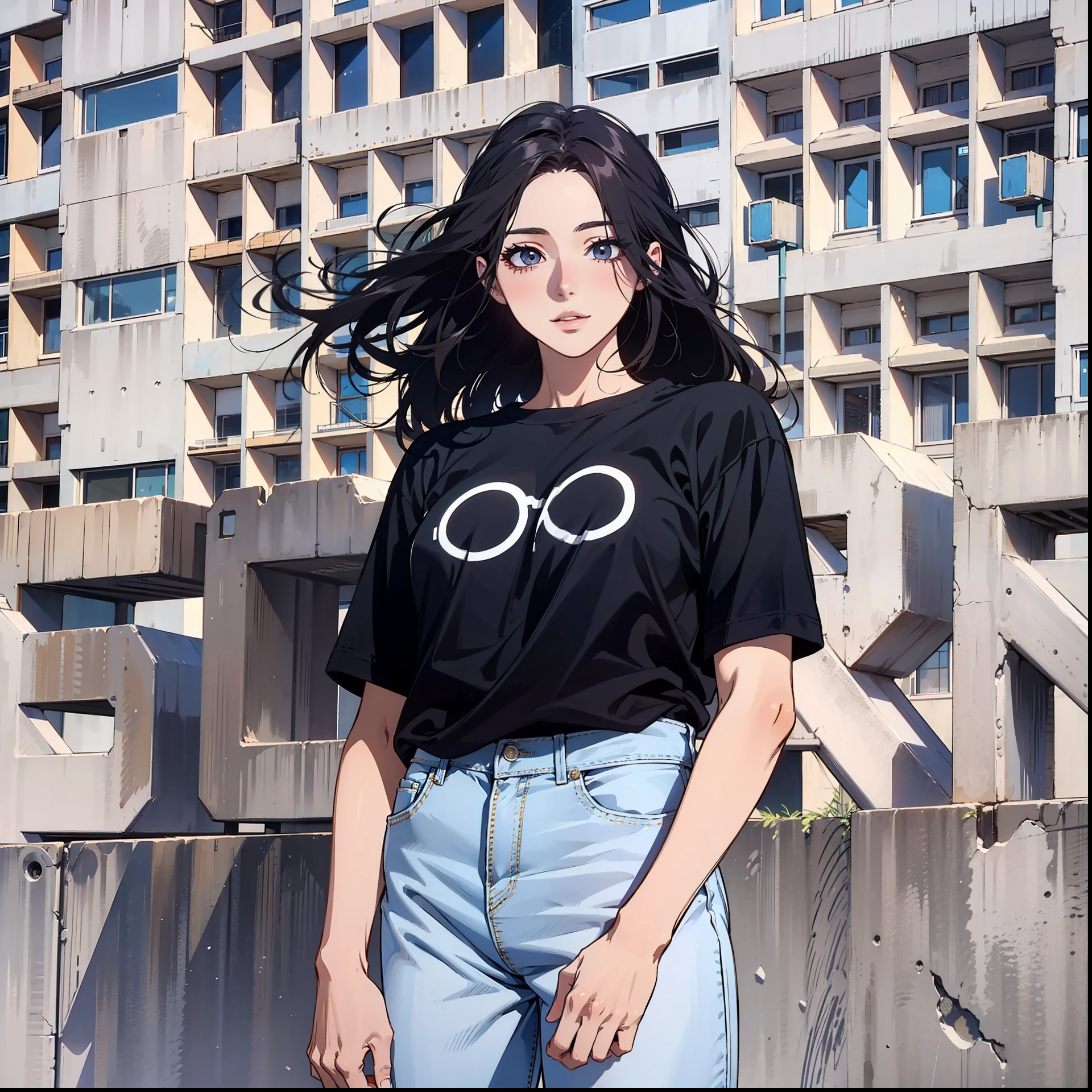 (masterpiece),(best quality:1.0), (ultra highres:1.0), detailed illustration, 8k, 1girl, anime, beautiful girl, elegant, black t-shirt, jeans, black eyes, detailed eyes, black hair, detailed hair detailed, highlights on hair, slight smile, standing, best quality, detailed