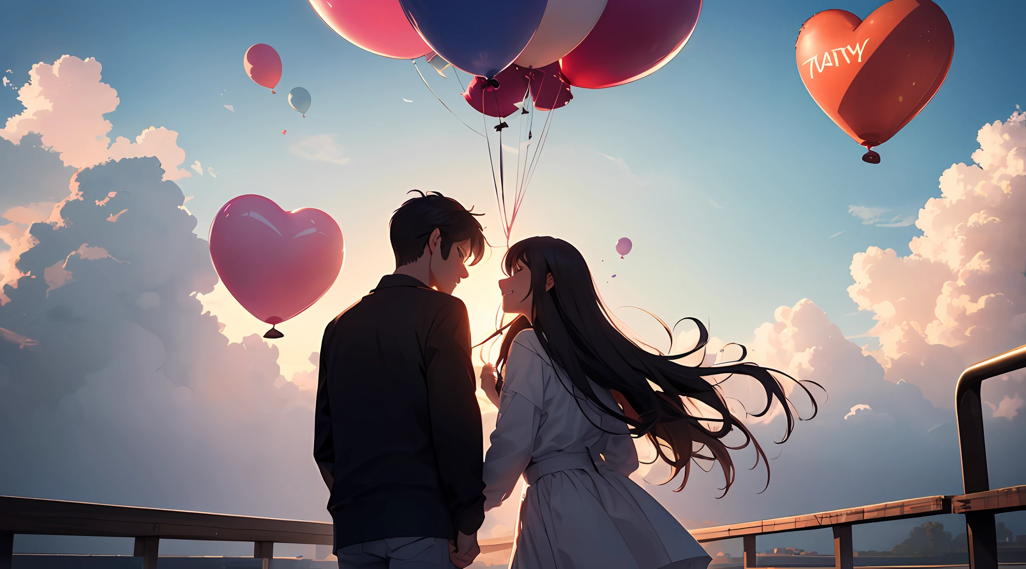 (top quality: 1.5), (super detail: 1.5), (highest quality photo: 1.5), he took the plunge and approached her, holding a balloon in his hand. She replied with a smile. Clutching balloons, the two began to walk through the park.

The wind blew gently, and the balloons left their hands and soared high into the sky. They laughed as they watched, and felt a strange bond.

As the balloon faded into the distance, he involuntarily reached for it. She also reached out to the balloon in the same way. At that moment, their hands touched, and their hearts were also deeply connected.

After that, they continued their adventure with balloons. Each time the balloons gave them courage and they shared happy moments, their love deepened.

Eventually, the balloon ran out of power and took to the sky. Although they felt lonely, memories of balloons were forever etched in their hearts.

The balloon was not just an object, but a symbol of their love and courage. The joy that the little balloon gave them will remain with them forever.