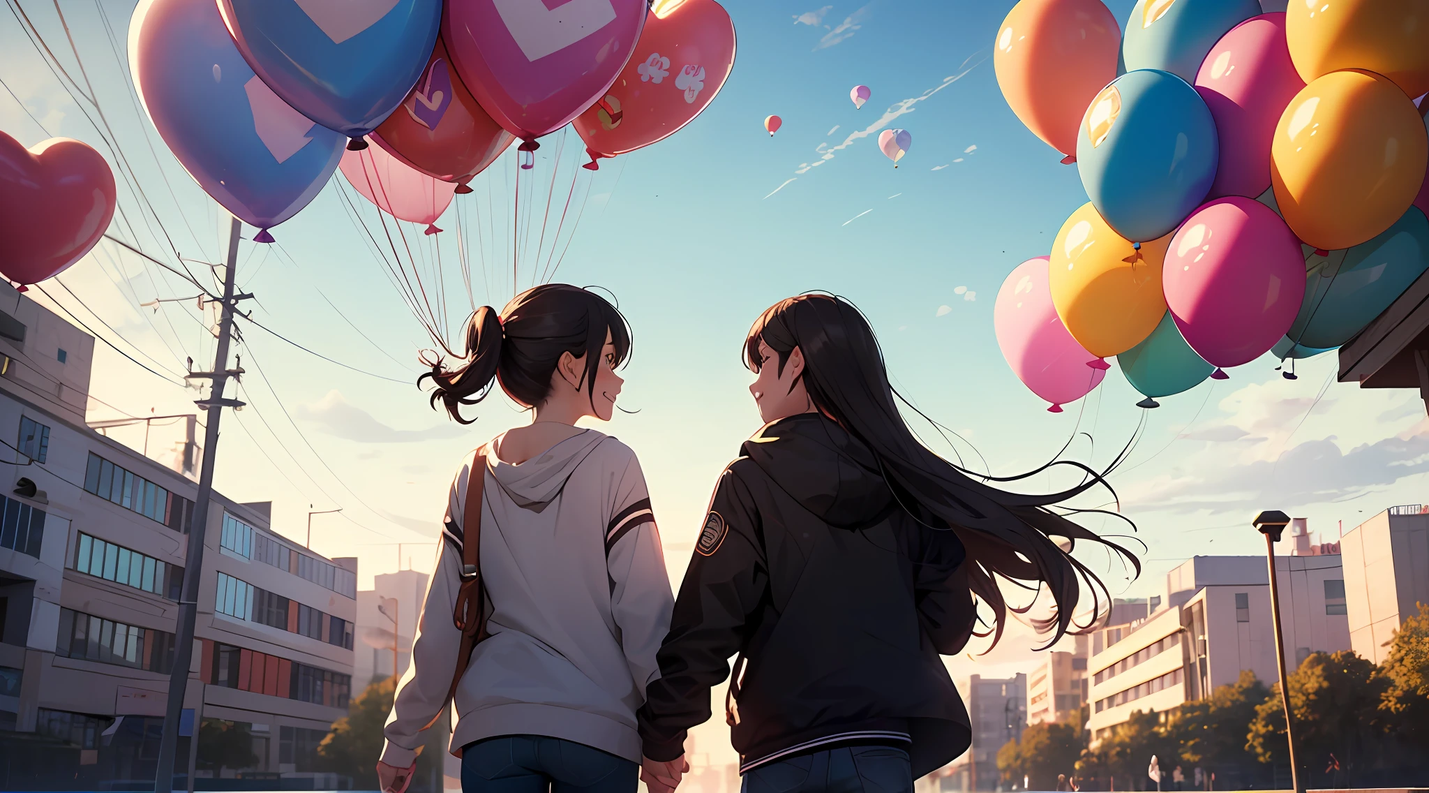(top quality: 1.5), (super detail: 1.5), (highest quality photo: 1.5), he took the plunge and approached her, holding a balloon in his hand. She replied with a smile. Clutching balloons, the two began to walk through the park.
The wind blew gently, and the balloons left their hands and soared high into the sky. They laughed as they watched, and felt a strange bond.
As the balloon faded into the distance, he involuntarily reached for it. She also reached out to the balloon in the same way. At that moment, their hands touched, and their hearts were also deeply connected.
After that, they continued their adventure with balloons. Each time the balloons gave them courage and they shared happy moments, their love deepened.
Eventually, the balloon ran out of power and took to the sky. Although they felt lonely, memories of balloons were forever etched in their hearts.
The balloon was not just an object, but a symbol of their love and courage. The joy that the little balloon gave them will remain with them forever.