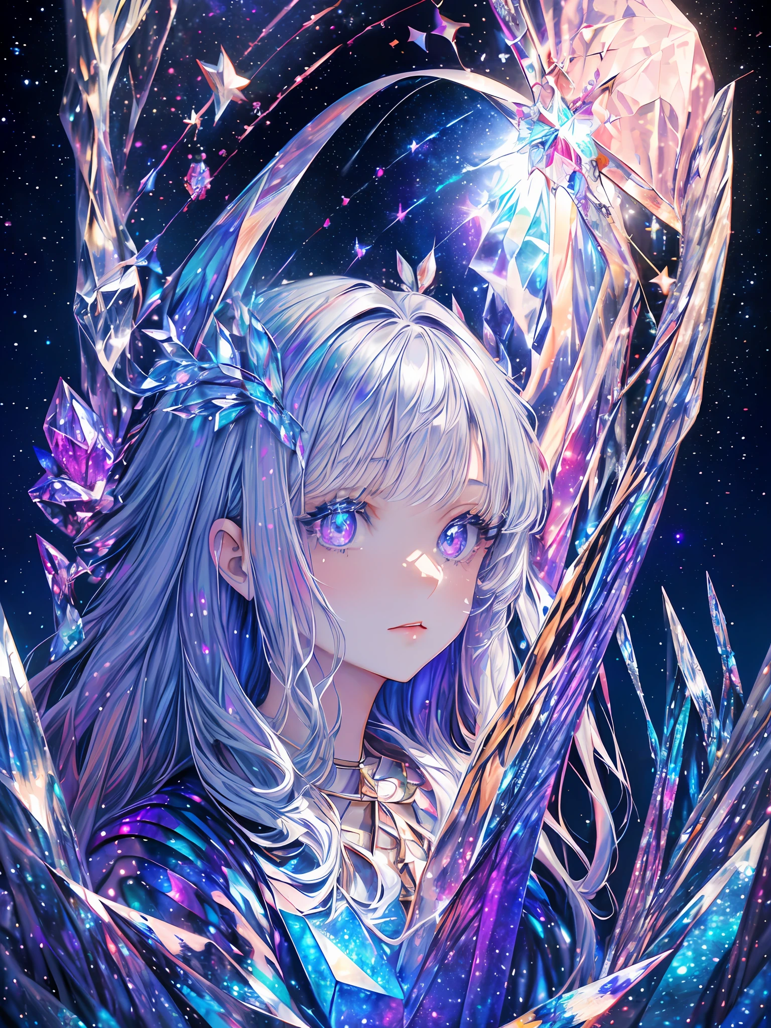 one girl, solo,  (((trapped in big crystal)))(trapped in crystal:1.7),((add eye details)), ((add face details)), crystal, star, shine, beautiful night sky on background, moon, stars on background,diamonds