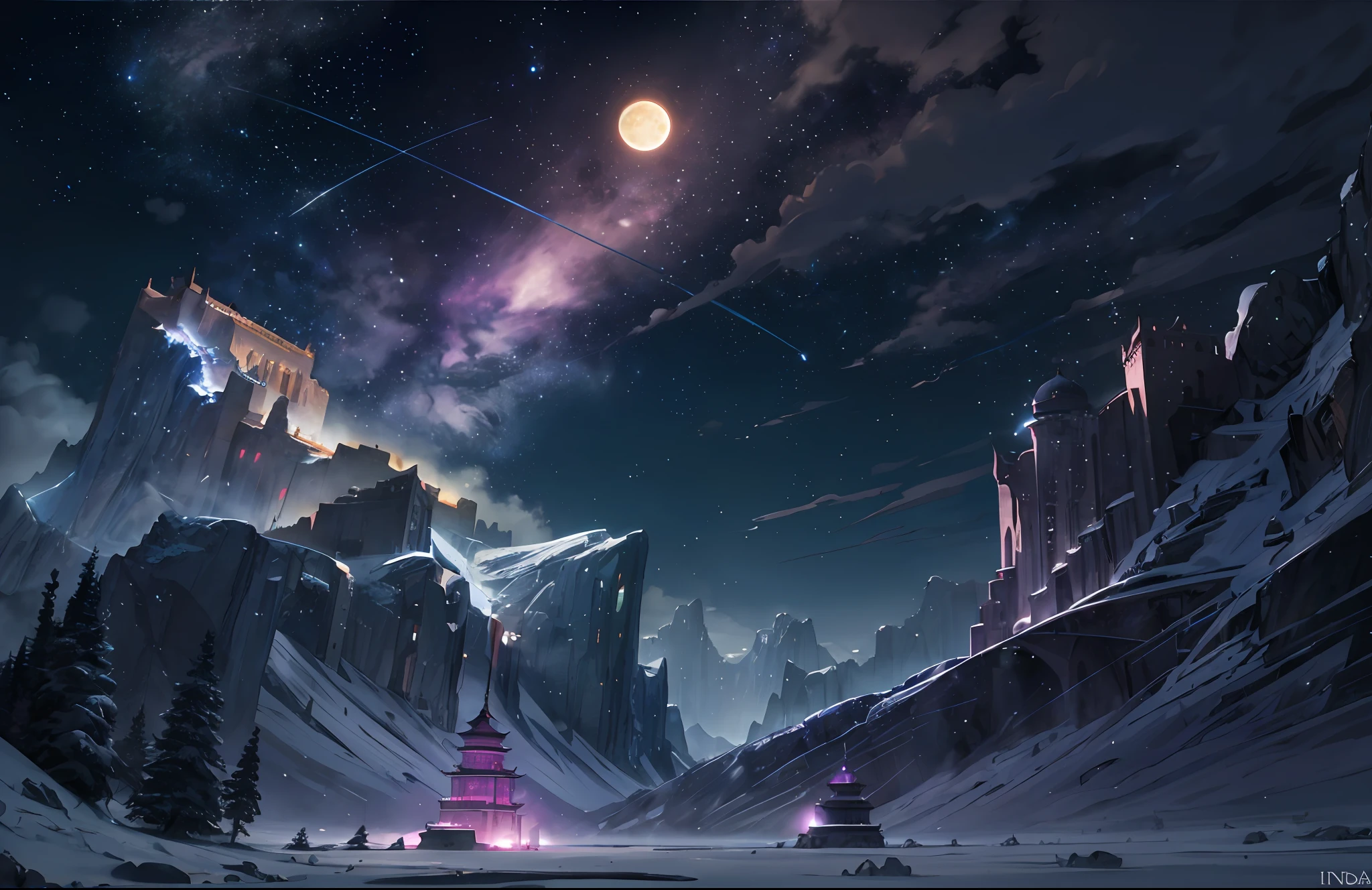 expansive landscape illustration , (a view from below that shows sky above and Chinese style castle) (full moon:1.2), ( shooting stars:0.9), (nebula:1.3), distant mountain, magic glowing tree BREAK
production art, (warm light source:1.2), (Firefly:1.2), lamp, lot of purple and orange, intricate details, volumetric lighting BREAK
(masterpiece:1.2), (best quality), 4k, ultra-detailed, (dynamic composition:1.4), highly detailed, colorful details,( iridescent colors:1.2), (glowing lighting, atmospheric lighting), dreamy, magical, (solo:1.2)