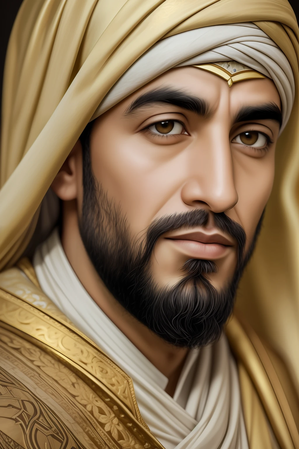 Certainly! Here's a regenerated prompt with more facial details: Create a stunningly realistic portrait of the caliphate Harun al-Rashid, the fifth Abbasid Caliph who ruled the Islamic world during the golden age of Islam. The portrait is to be rendered in ultra-high-definition 4K resolution with 45 megapixels, in a Realism Art style that is highly detailed and realistic. Harun al-Rashid's face is the focal point of the portrait, with every feature rendered with exquisite precision. His dark, almond-shaped eyes are piercing and intense, and the intricate details around his irises and pupils are captured in stunning detail. His thick eyebrows are furrowed in concentration, giving him a contemplative and wise expression. The caliph's prominent nose is perfectly shaped, with a slight curve that accentuates his facial symmetry. His thick beard is neatly trimmed and frames his square jawline, adding to the regal quality of the portrait. The texture and detail of his skin are rendered with hyper-realistic precision, capturing every crease and wrinkle that gives his face character and depth. The background of the portrait is a bustling cityscape of Baghdad, the capital of the Islamic empire during Harun al-Rashid's reign. The buildings and structures are rendered in highly-detailed, lifelike fashion, capturing the architectural beauty of the era. The lighting in the image is warm and inviting, casting a soft glow over the caliph's face and adding depth and dimension to the overall composition. The end result is a portrait that is both breathtakingly beautiful and historically accurate, capturing the essence of one of the most iconic figures of Islamic history.