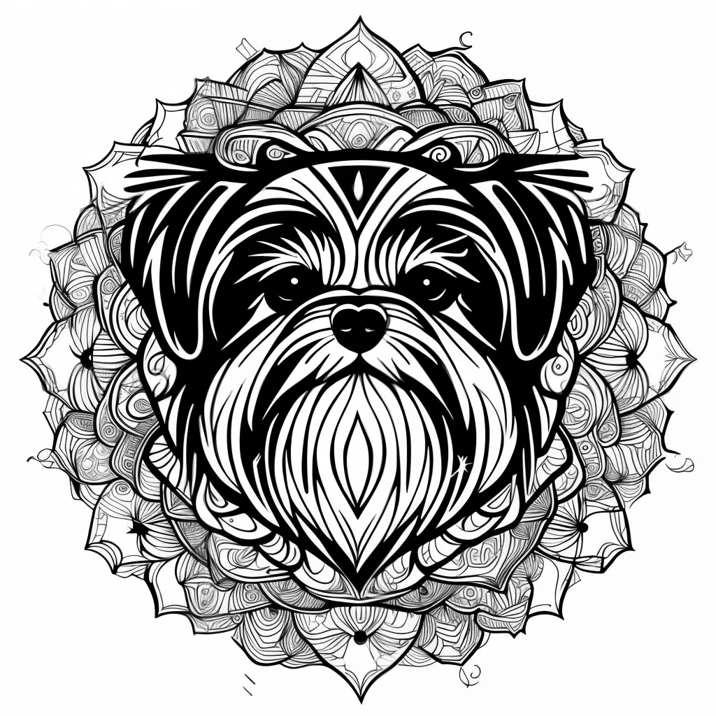 monochrome, adult coloring page, vectorization, mandala, dog image (Shih Tzu), white background, clean line art, fine line art