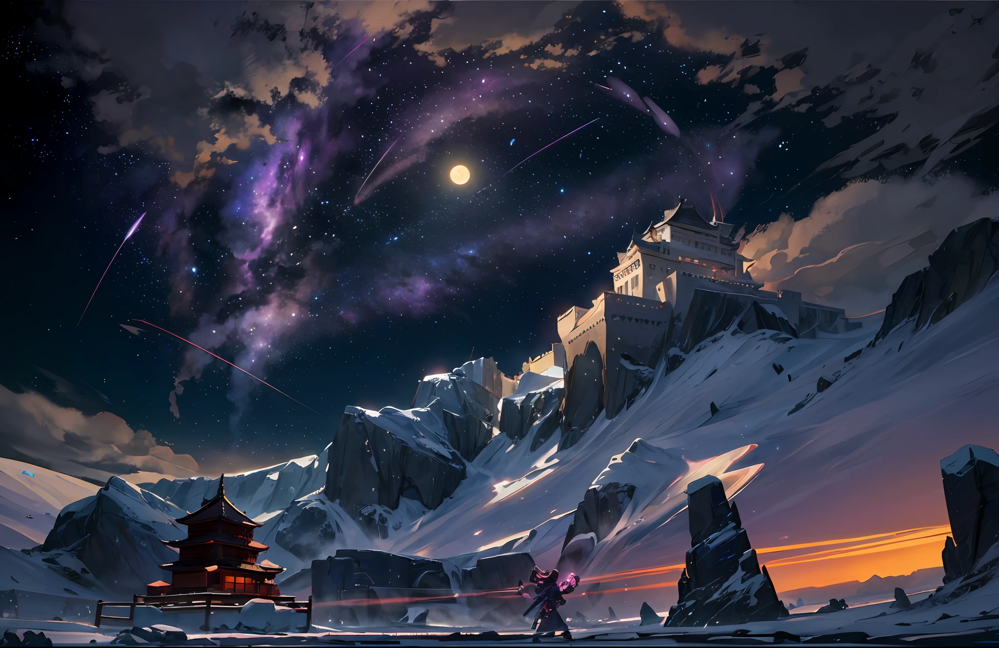 expansive landscape illustration , (a view from below that shows sky above and Chinese style castle) (full moon:1.2), ( shooting stars:0.9), (nebula:1.3), distant mountain, magic glowing tree BREAK
production art, (warm light source:1.2), (Firefly:1.2), lamp, lot of purple and orange, intricate details, volumetric lighting BREAK
(masterpiece:1.2), (best quality), 4k, ultra-detailed, (dynamic composition:1.4), highly detailed, colorful details,( iridescent colors:1.2), (glowing lighting, atmospheric lighting), dreamy, magical, (solo:1.2)