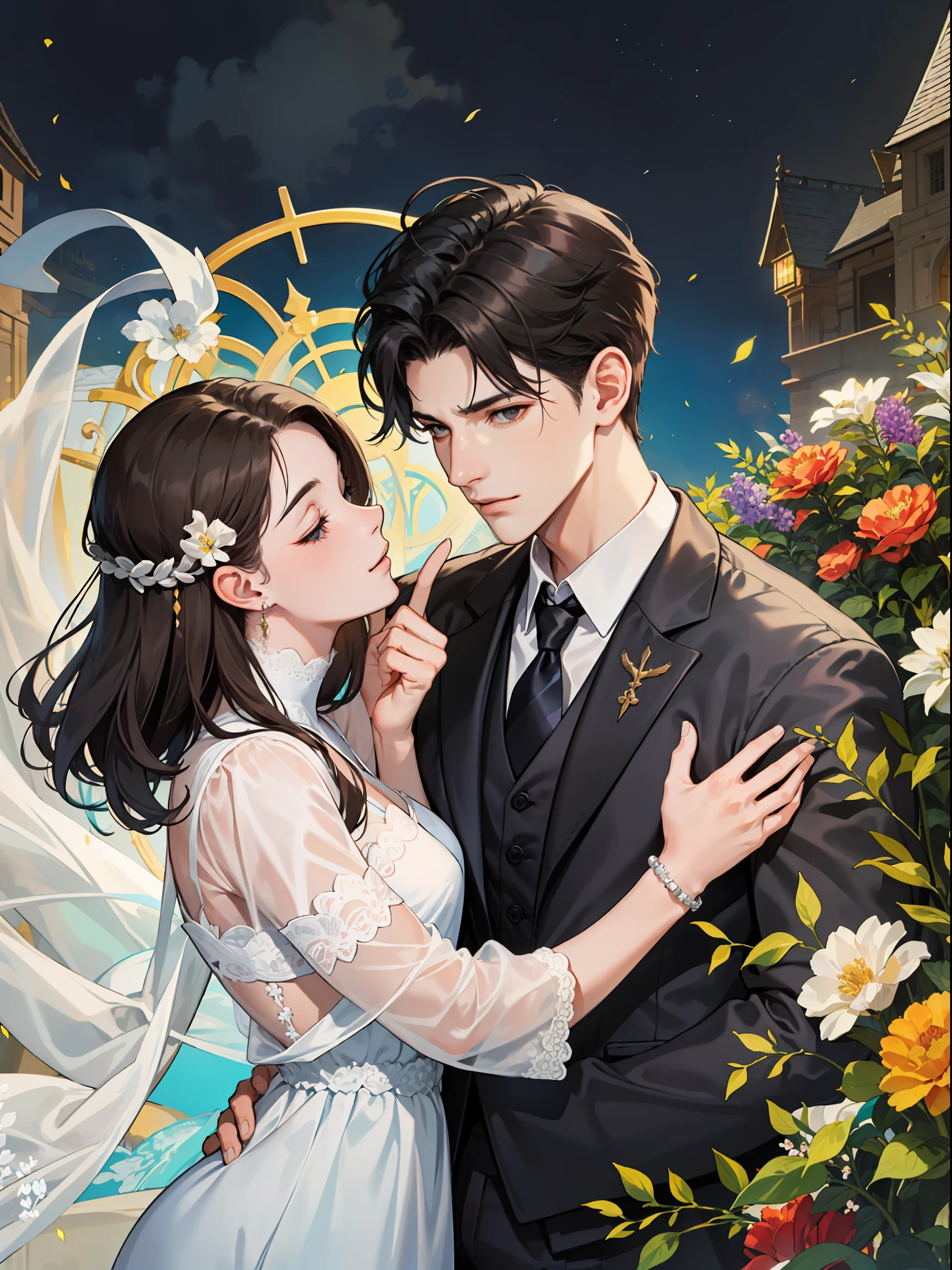 Young male and female couples, fair and clean skin, delicate facial features, long brown shawl hair for girls, light gauze dress. Boy with short black hair and black and gray suit. Castle background, garden, large flowers, lighting, finger optimization, detail optimization