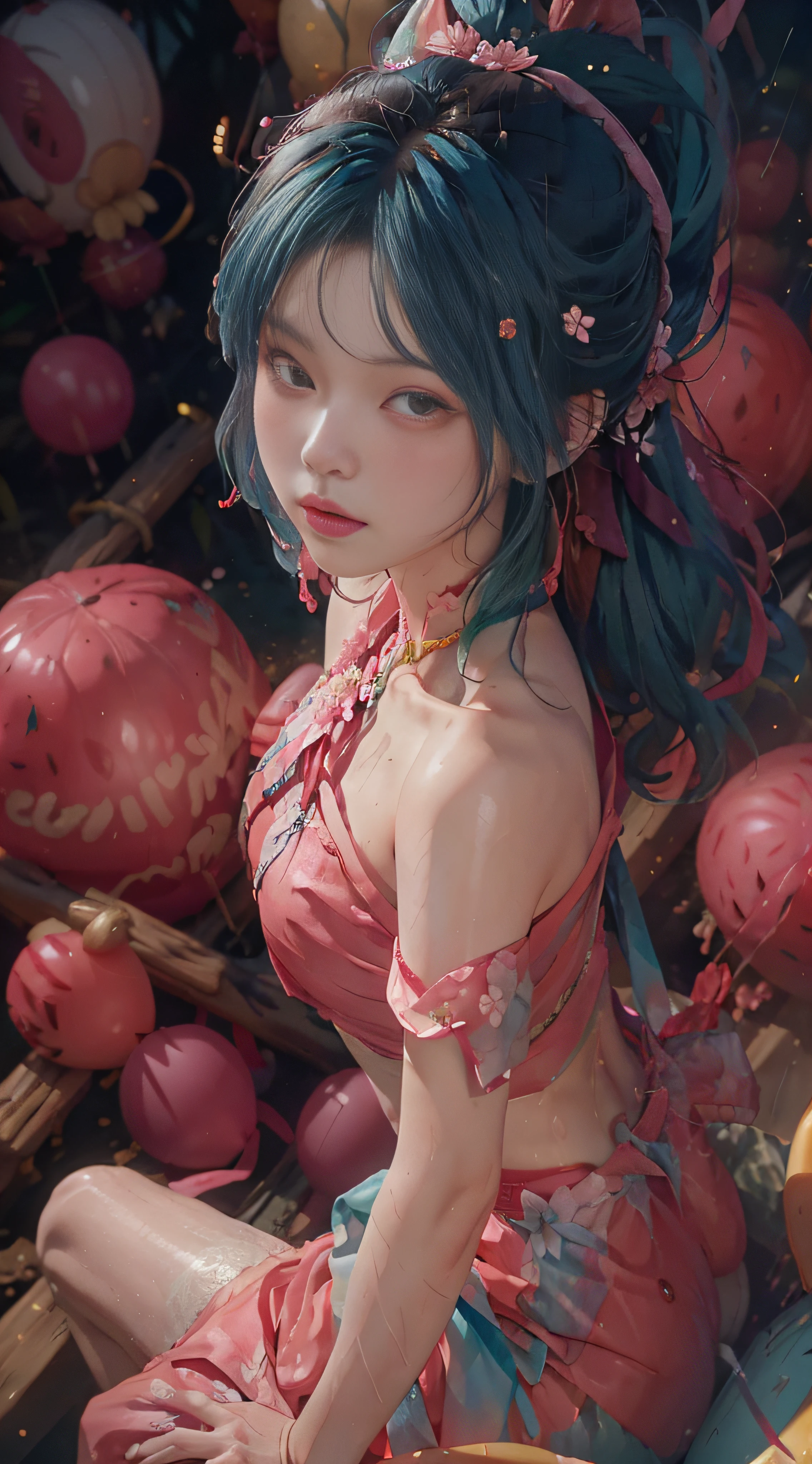 ((bath)), ((erotic underwear)), ((from above)), ((bust photo)), ((head wearing flowers)), ((seven-colored hair)), (((rain)), ((watermelon)), ((balloon)), (dynamic angle), (escort), outdoors, inside a bamboo forest, bare shoulders, windy, pink clothes