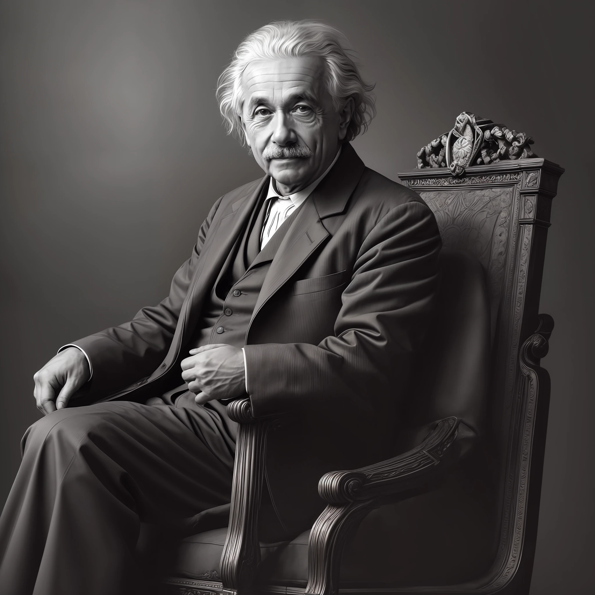 "An ultra-detailed and beautiful illustration of Albert Einstein as a majestic king, sitting regally on his throne with impeccable color grading."