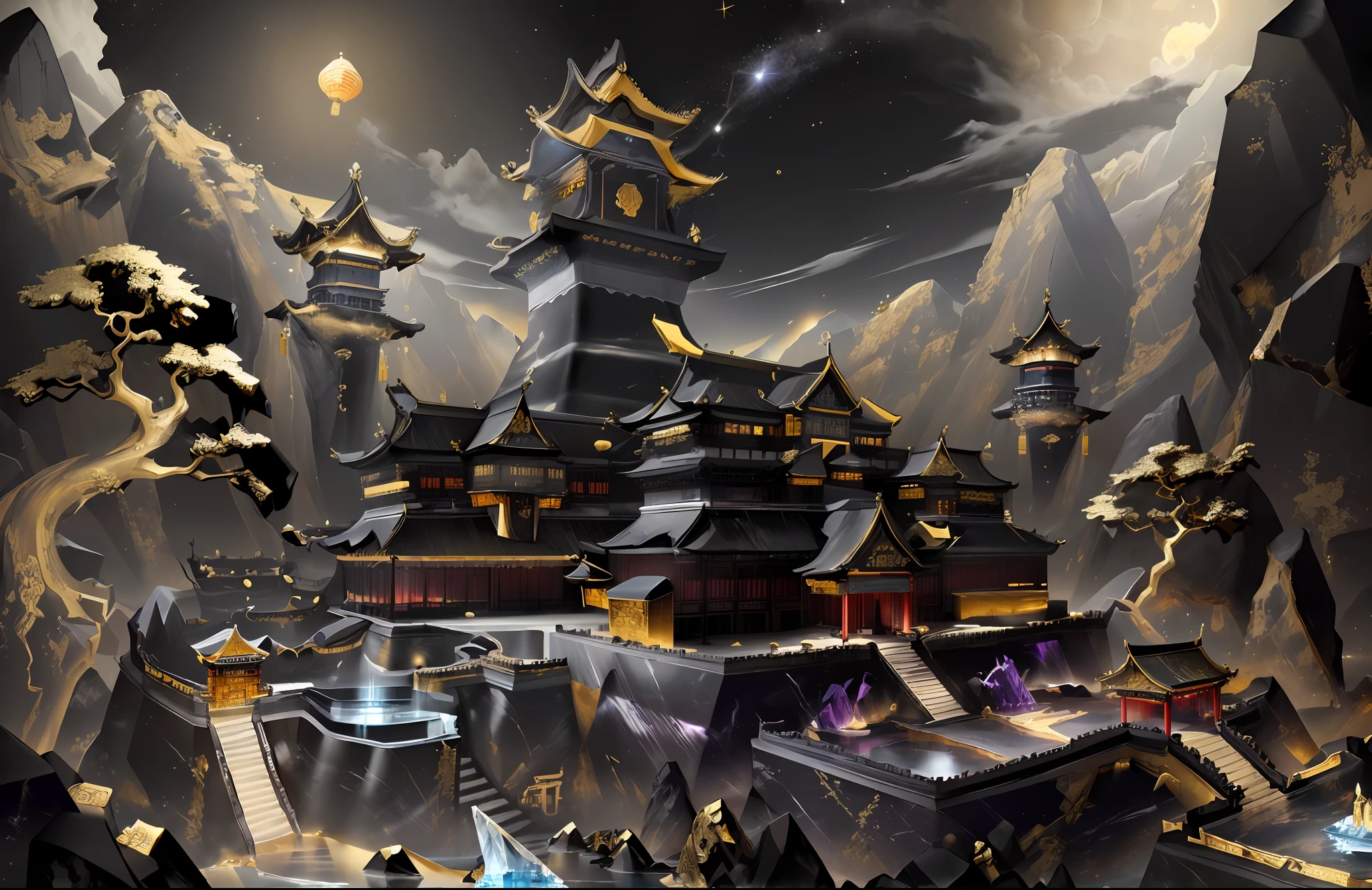 (masterpiece:1.21), (high quality), (highres), (ultra-detailed), (ultra high definition), (Ancient Chinese castle, black marble, gold:1.5), (ice, middle of iceberg:1.3), (spike, cave, nebula shooting star, dark :1.1), cursed barrier, black and purple