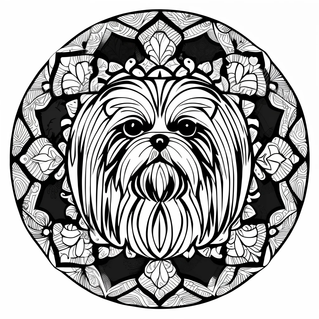 monochrome, adult coloring page, vectorization, mandala, dog image (Shih Tzu), white background, clean line art, fine line art