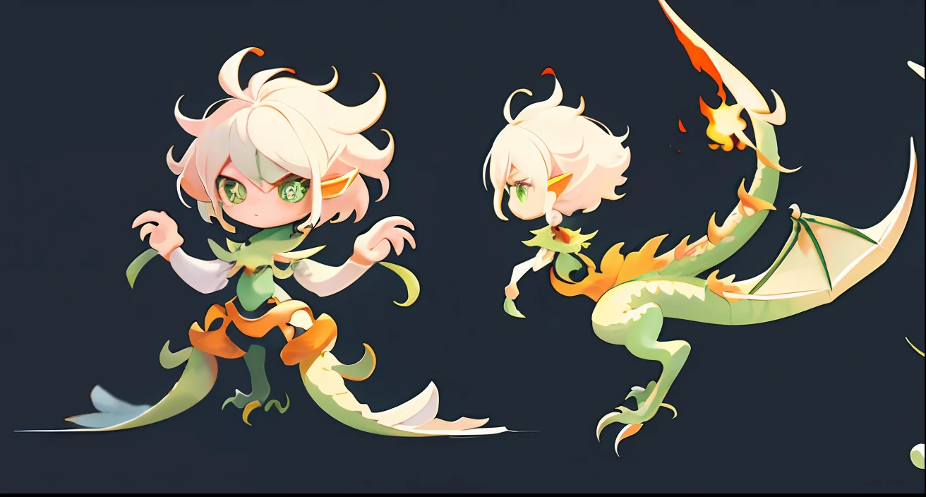 8K, (generate three views, i.e. front view, side view, rear view to maintain consistency), cute green dragon, big eyes, ((three sided view, full body, simple background, multiple views, highres)), dragon_real flame full body, chibi,