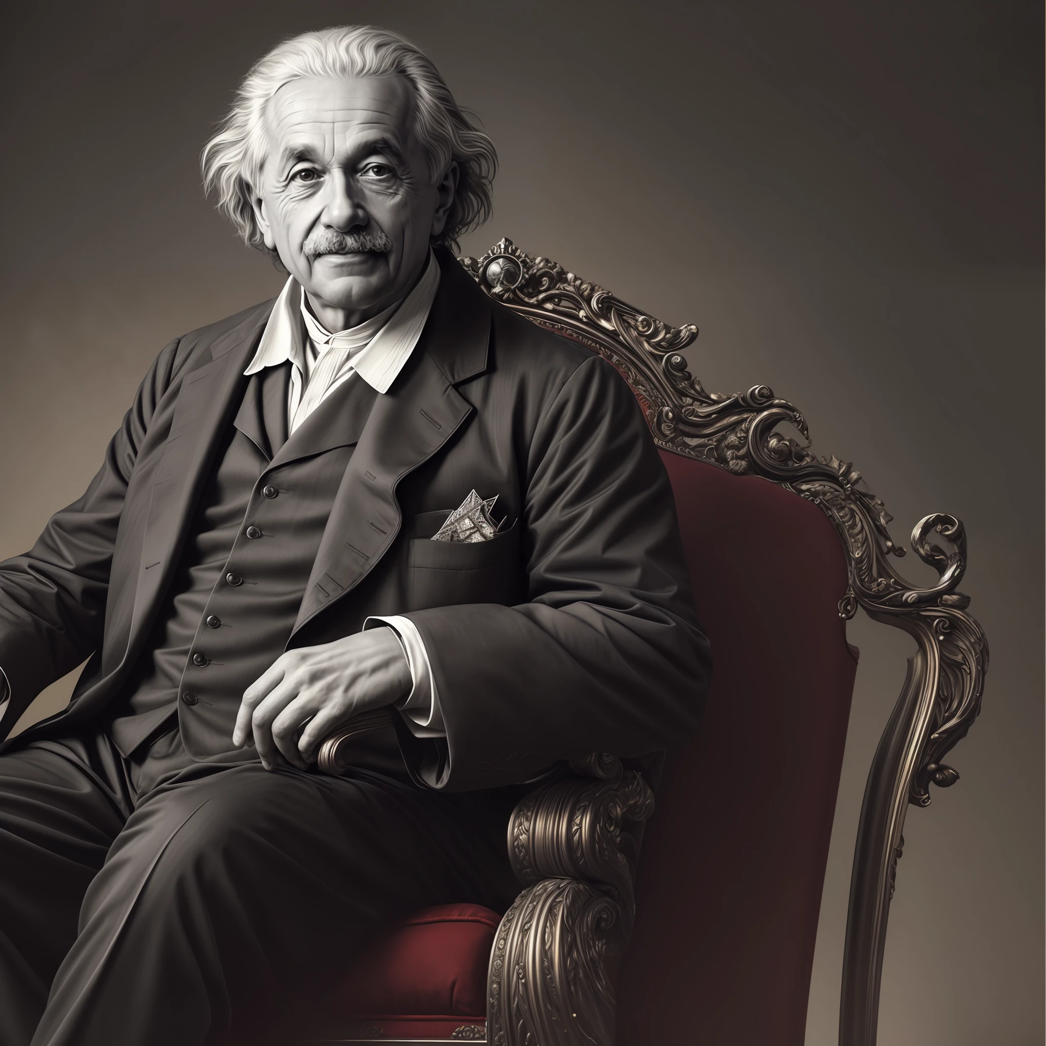 "An ultra-detailed and beautiful illustration of Albert Einstein as a majestic king, sitting regally on his throne with impeccable color grading."