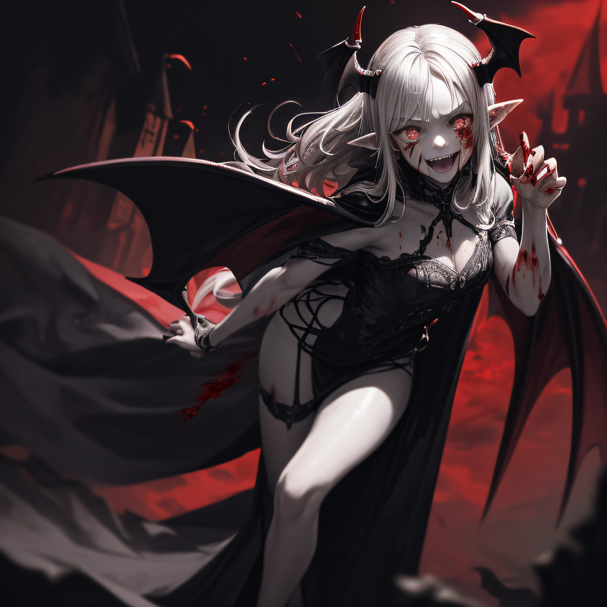(Masterpiece: 1.2, best quality), (best lighting, very delicate and beautiful), (best lighting, very delicate and beautiful), (beautiful detailed face), (detailed eyes and detailed face: 1.2), dark fantasy, vampire, (young girl, little beast, 1girl, solo, crazy smile, pale skin, gray hair, red glowing eyes, blood tears, blood dripping from fangs, dynamic angles, Dynamic Pose, Vampire,Vampire Fangs), (Get a vampire castle in the background), ( Red Sky), pointy_ears, Fangs, Bat Wings, Demon Horns, (((((Blood on the face))), Blood Rain, Blood Mist, (Depth of Field), High Contrast, (Blood Splash: 1.4), Cowboy Shot, Full Body,