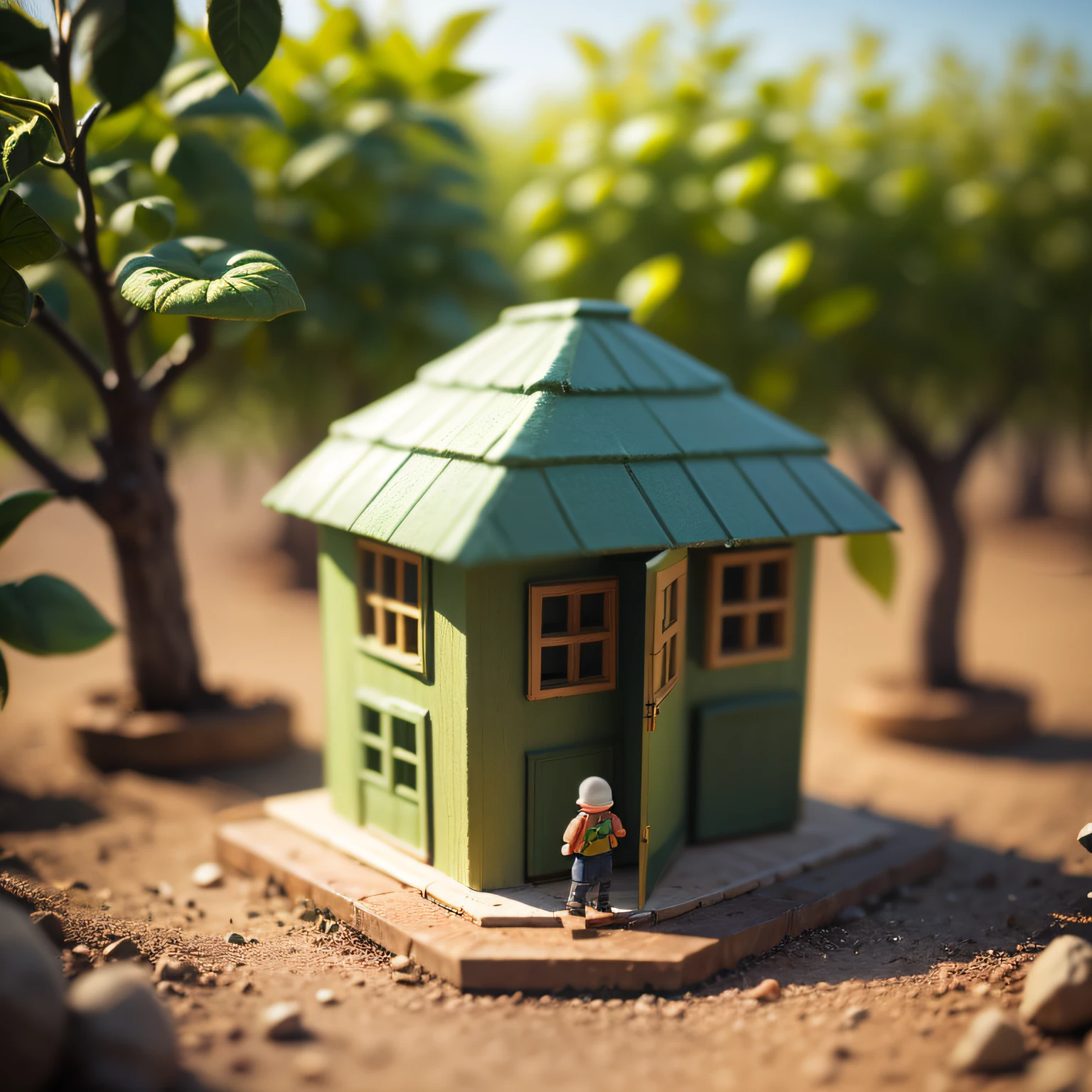 macro photography, some tiny little toy figure are playing hide-and seek, tomato orchard, natural light, miniature, blur background, clear details, tilt-shift, isometric, 3d --auto