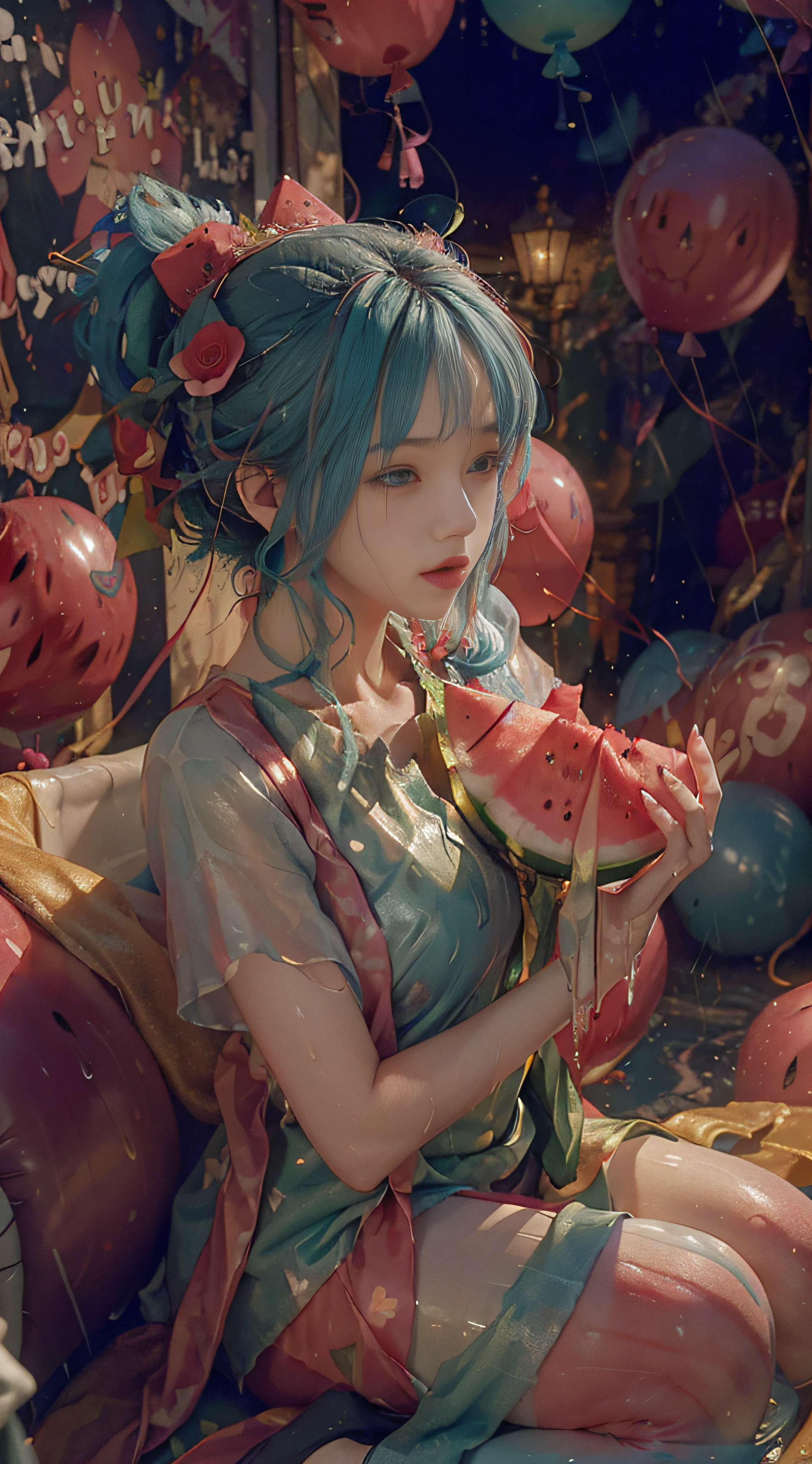 ((soaked clothes)), ((bath)), ((tights)), ((bust photo)), ((head wearing flowers)), ((seven-colored hair)), (((rain)), ((eating watermelon)), ((balloons)), ((dynamic angle)), (escort)