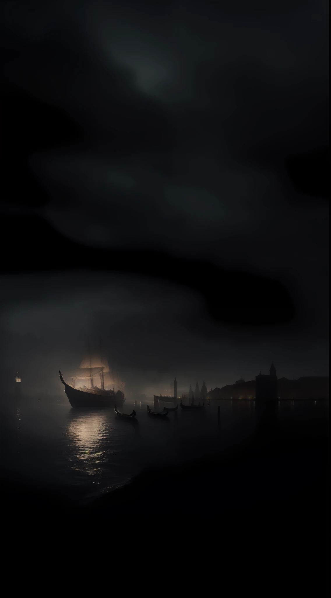 (masterpiece, 8K, UHD, photo-realistic:1.3), dramatic aerial view, 14th-century trade ship, (majestic galleon:1.2), anchored outside the port of medieval Venice, Italy, bubonic plague era, turbulent city coast, (iconic Venetian architecture in the distance:1.2), Gothic palaces, intricate bridges, winding canals, dark atmosphere, moody skies, shadows cast upon the waters, (style influenced by Greg Rutkowski:1.2), rich textures, subtle lighting, side view, capturing the haunting beauty of the time.