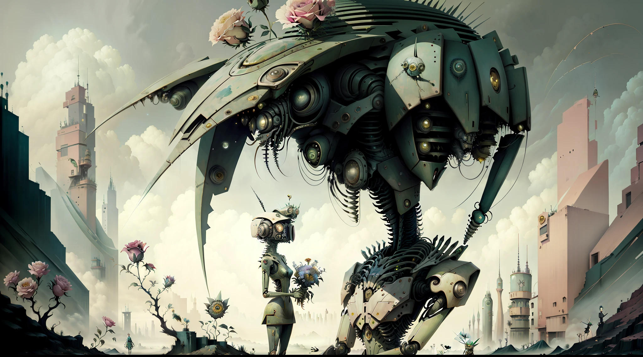 a painting of a woman with a robot arm and a bunch of flowers, kind cyborg girl with flowers, cyberpunk cyborg. roses, humanoids overgrown with flowers, painting by android jones, beeple and jeremiah ketner, by Alexander Kucharsky, surreal art, adrian borda, by Tomek Setowski, mechanical vegetal cyborg