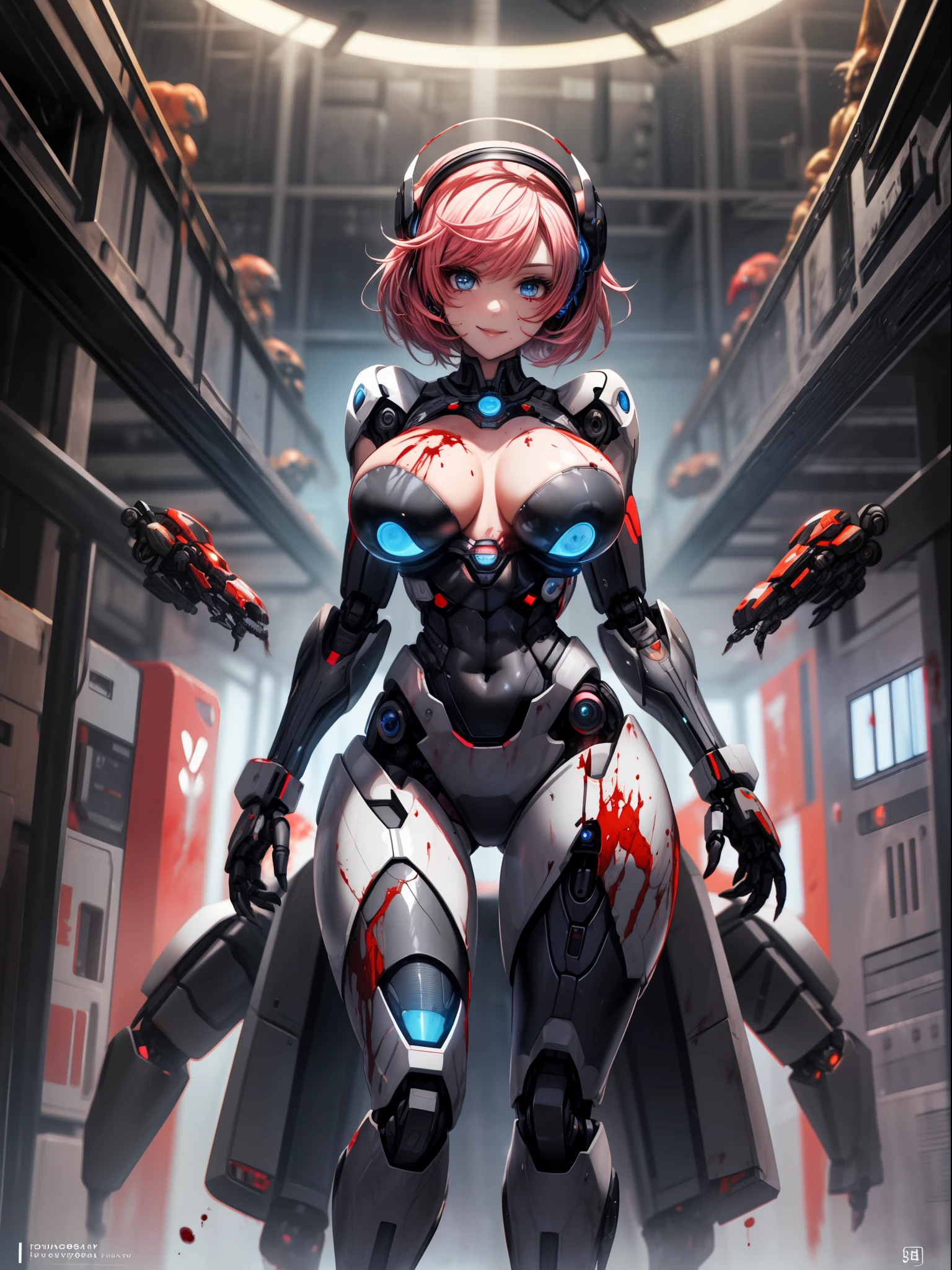((Full body):1.5), Only one ((woman+cyborg):1.2), with black mecha clothing with white parts, extremely tight on the body, ((extremely large and hard breasts):1.2), she has ( short mohawk pink hair and blue eyes):1.2), ((blood all over body)1.2), doing erotic pose, looking at viewer, little smile, she is in a futuristic headquarters with ((5 robots+red+dinosaurs with parts in black)1;2) behind her looking at her.