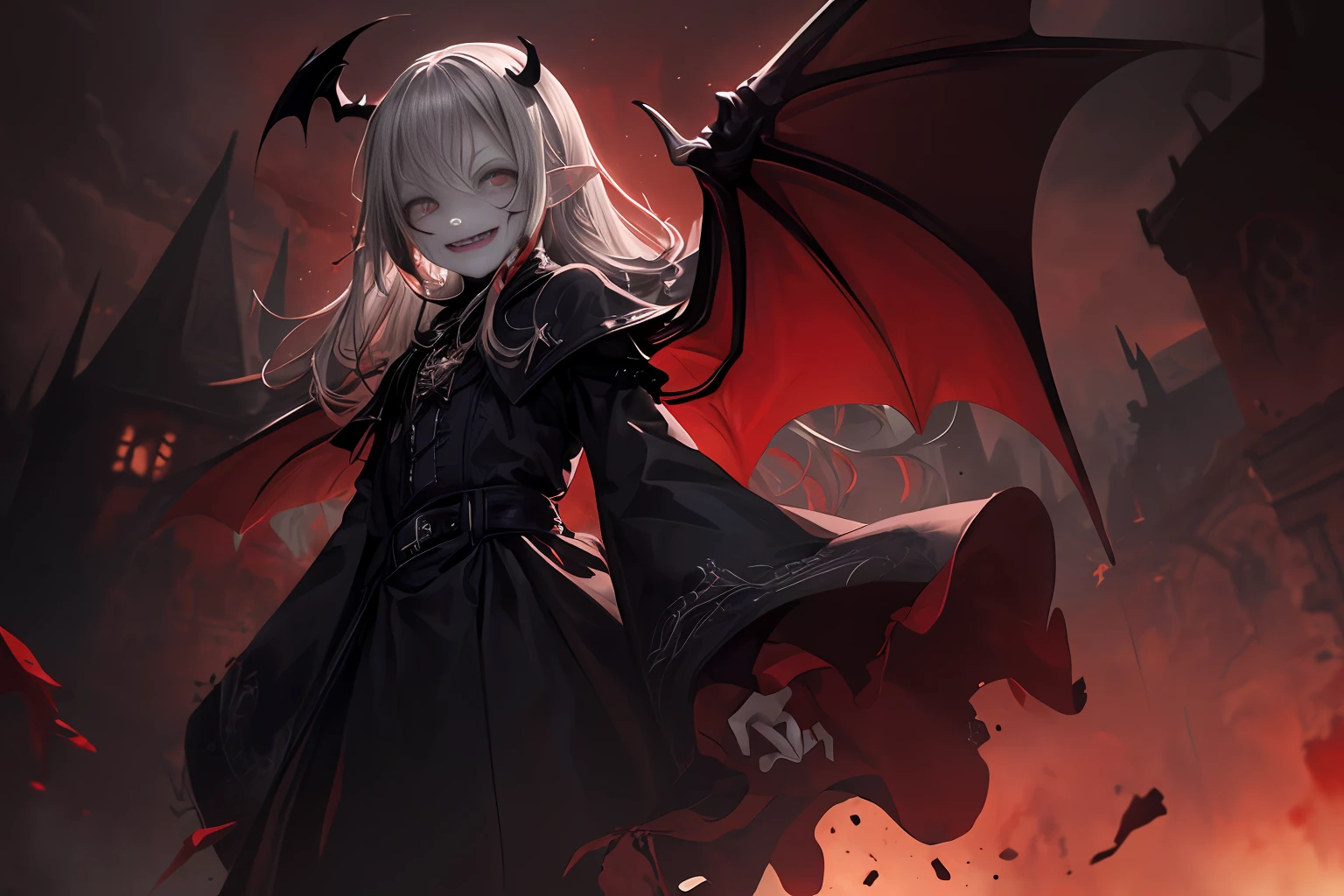 (Masterpiece: 1.2, best quality), (best lighting, very delicate and beautiful), (best lighting, very delicate and beautiful), (beautiful detailed face), (detailed eyes and detailed face: 1.2), dark fantasy, vampire, (young girl, little beast, 1girl, solo, crazy smile, pale skin, gray hair, red glowing eyes, blood tears, blood dripping from fangs, dynamic angles, Dynamic Pose, Vampire,Vampire Fangs), (Get a vampire castle in the background), ( Red Sky), pointy_ears, Fangs, Bat Wings, Demon Horns, (((((Blood on the face))), Blood Rain, Blood Mist, (Depth of Field), High Contrast, (Blood Splash: 1.4), Cowboy Shot, Full Body,