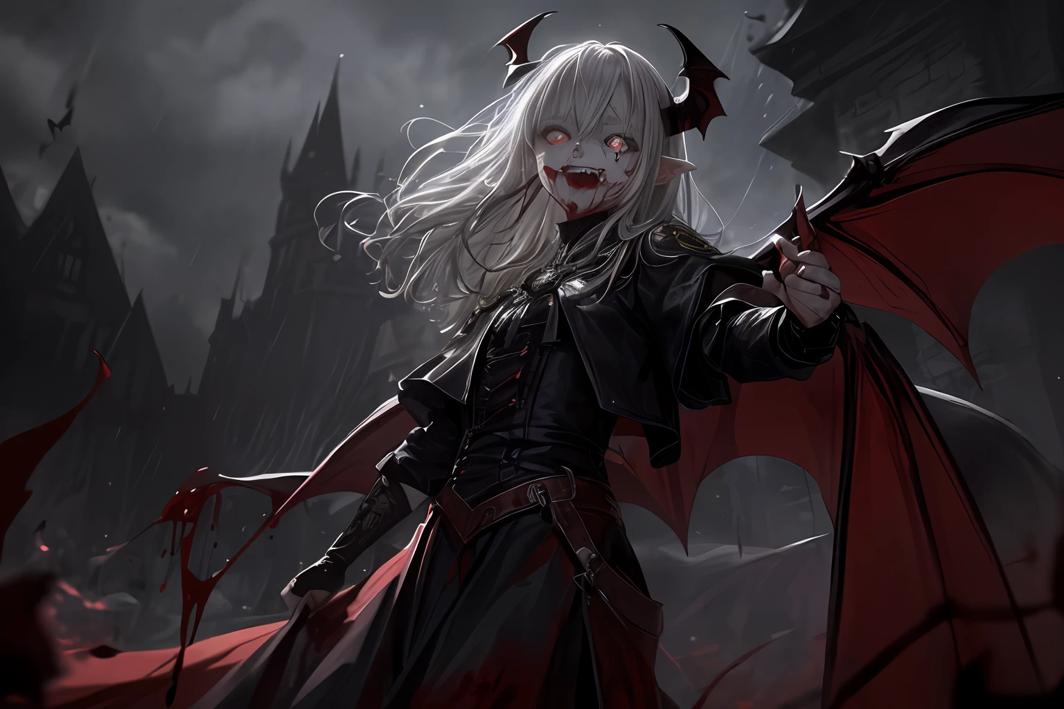 (Masterpiece: 1.2, best quality), (best lighting, very delicate and beautiful), (best lighting, very delicate and beautiful), (beautiful detailed face), (detailed eyes and detailed face: 1.2), dark fantasy, vampire, (young girl, little beast, 1girl, solo, crazy smile, pale skin, gray hair, red glowing eyes, blood tears, blood dripping from fangs, dynamic angles, Dynamic Pose, Vampire,Vampire Fangs), (Get a vampire castle in the background), ( Red Sky), pointy_ears, Fangs, Bat Wings, Demon Horns, (((((Blood on the face))), Blood Rain, Blood Mist, (Depth of Field), High Contrast, (Blood Splash: 1.4), Cowboy Shot, Full Body,