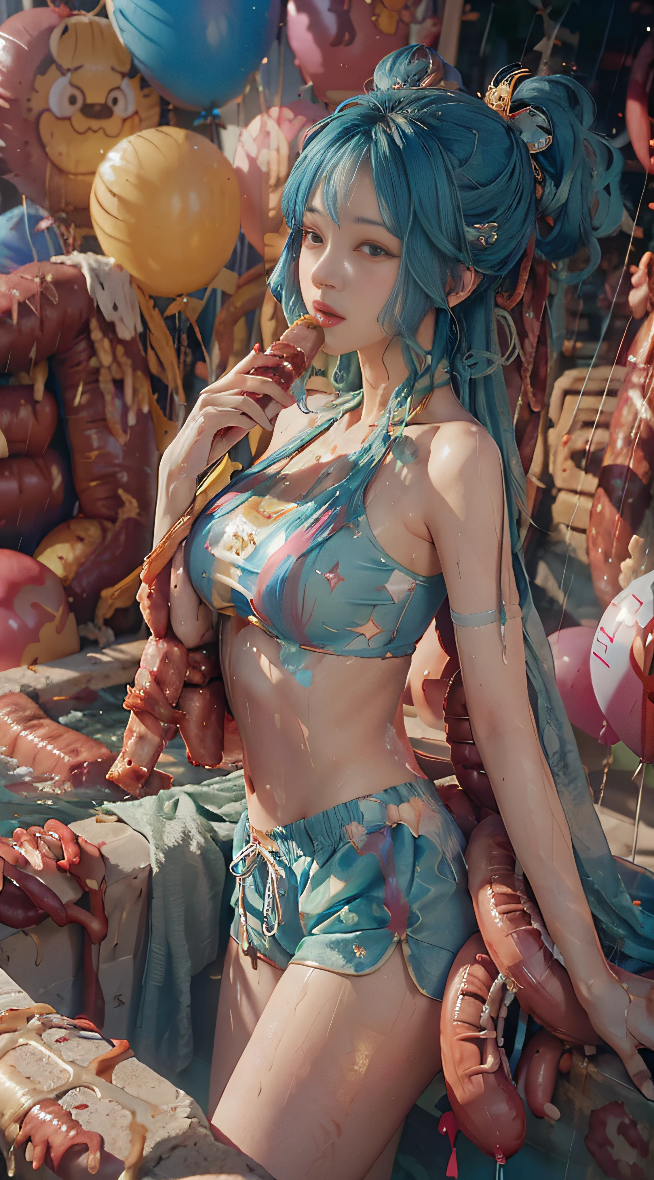 ((soaked clothes)), ((bath)), ((swimsuit)), ((bust photo)), ((wearing super shorts)), ((seven-colored hair)), ((raining)), ((eating sausages)), ((balloons)), (dynamic angle)), (escort girl)