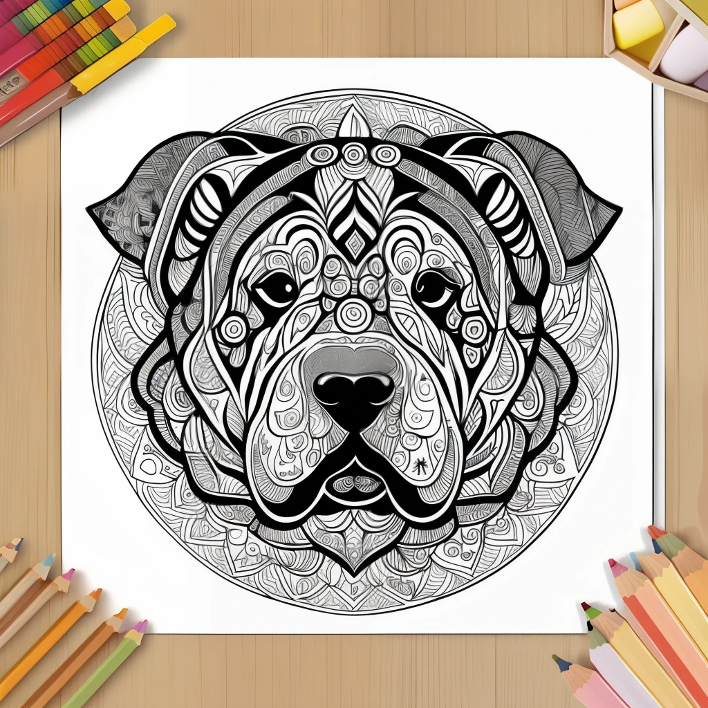 monochrome, adult coloring page, vectorization, mandala, dog image (Chinese Shar-Pei), white background, clean line art, fine line art