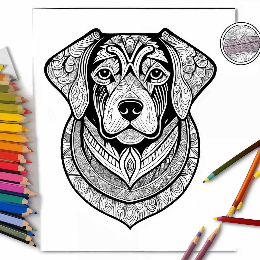 monochrome, coloring page for adults, vectorization, mandala, dog image (Vizsla), white background, clean line art, fine line art