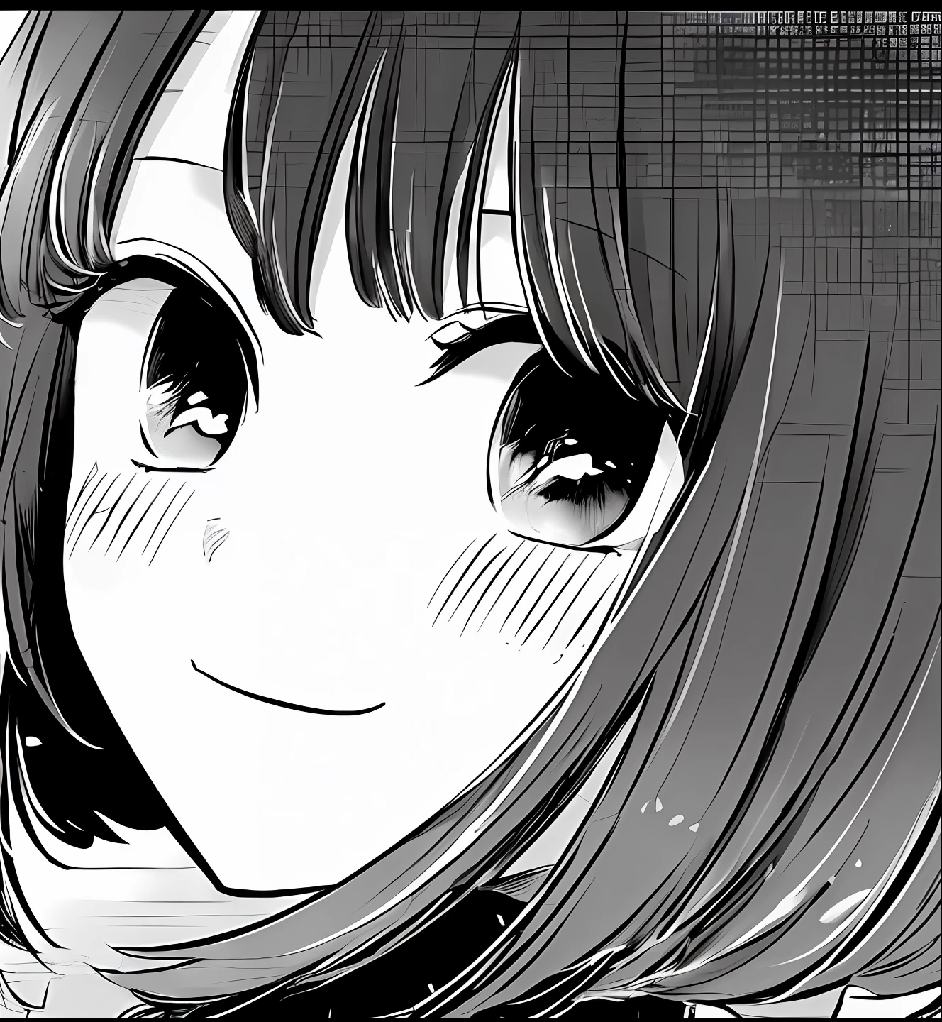 anime girl with black hair and black eyes staring at something, black and white manga panel, black and white manga style, pretty anime face, cute anime face, black and white manga page, in manga style, detailed manga style, slightly happy facial expression, close up iwakura lain, large eyes and menacing smile, detailed anime soft face