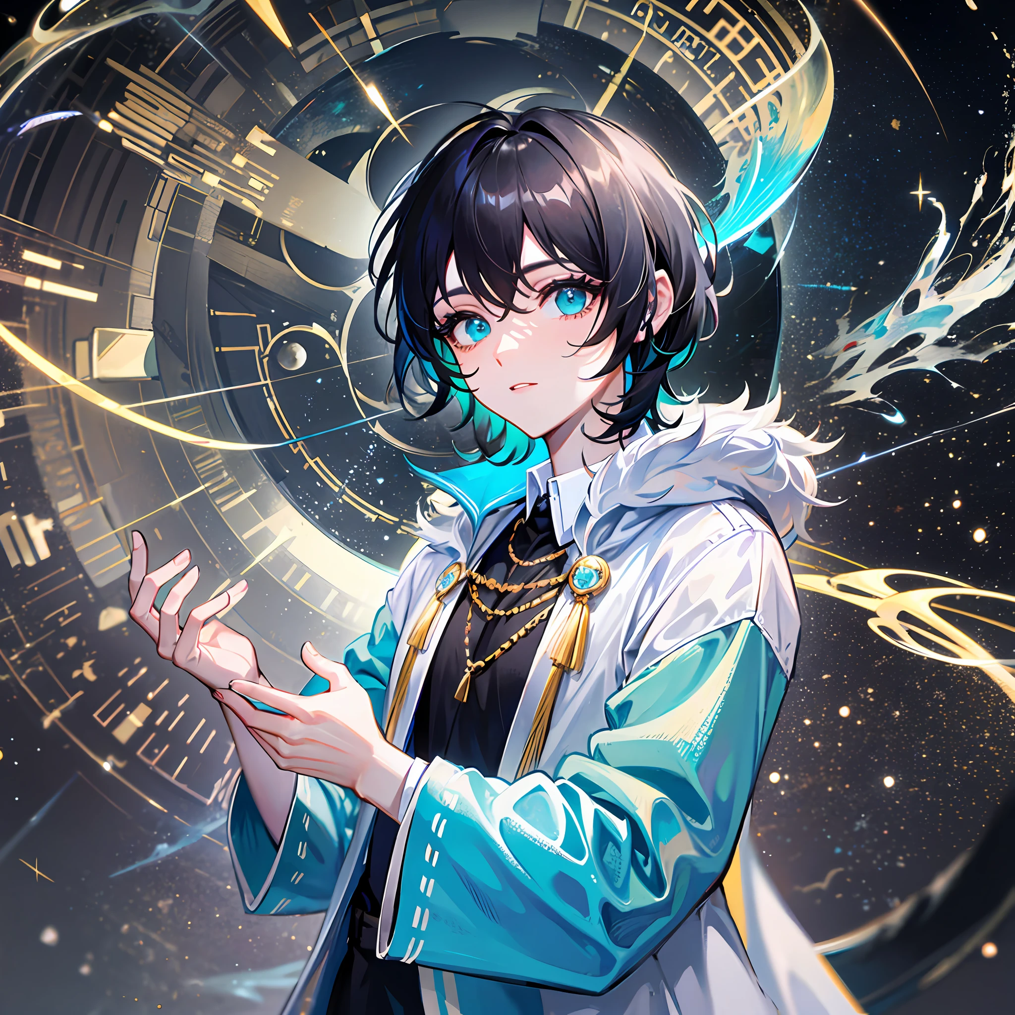 ((Black)) Fluffy short hair, cyan eyes, boy, white robe, god of time and space, silver-white magic light wheel, time and space element, eye condensation, attention to detail, highest quality, black fluffy short hair, white ball of light