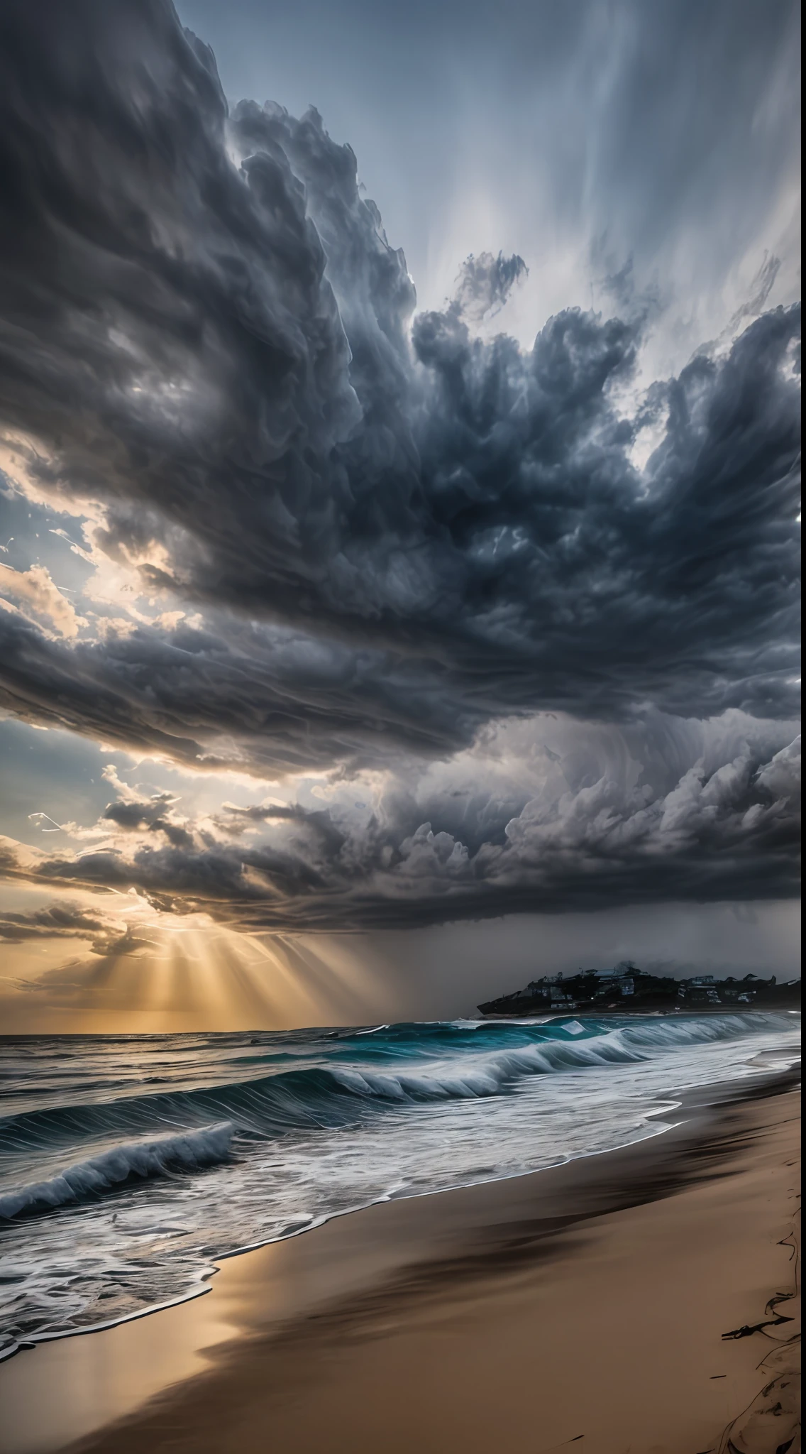 ((Masterpiece)), ((Best Quality)), ((Ultra Detailed)), (Amazing:1.1), Beautiful, Nature, Beach and Waves, Gale, Windblown Wind, Line Cloud, Cloudy Sky with Light Shot Out of Clouds, In Lush Landscape, Award Winning Photo, Toshiba PDR M70 Boo