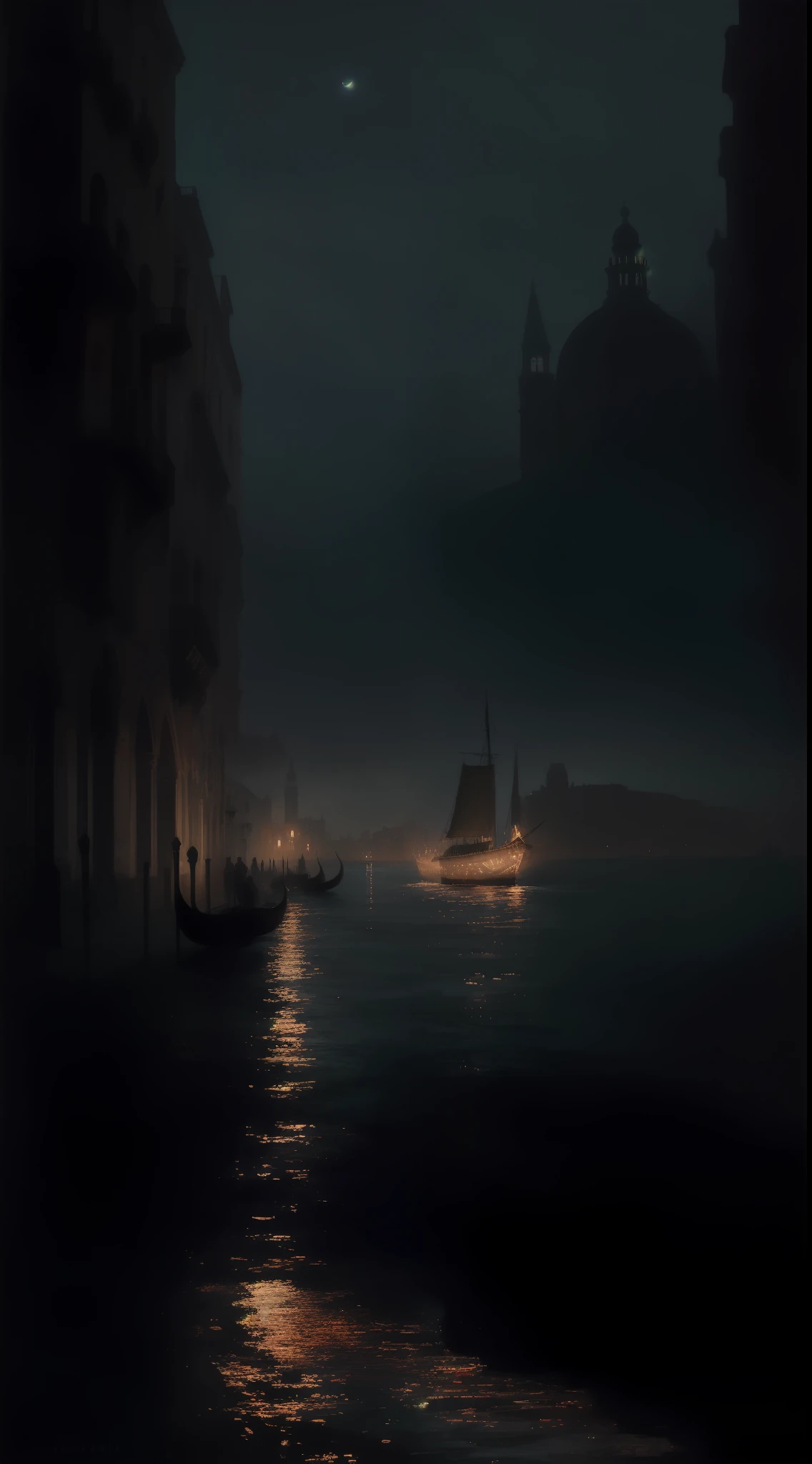 (masterpiece, UHD, digital art, detailed:1.3), striking aerial composition, 14th-century trade ship, (sturdy caravel:1.2), anchored near medieval Venice's port, Italy, during the bubonic plague era, veiled in shadow, city coastline fading into the distance, (distinctive Venetian architecture:1.2), Gothic arches, elegant palazzos, mysterious canals, dark and moody atmosphere, influenced by Greg Rutkowski's style, (intricate brushwork and texture:1.2), capturing the haunting essence of the era, looking across the ship towards the iconic city.